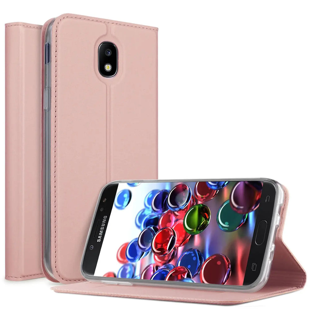 Rosa Kunstleder Flip Hülle für Samsung Galaxy J5 2017, stehend, mit Displayansicht.