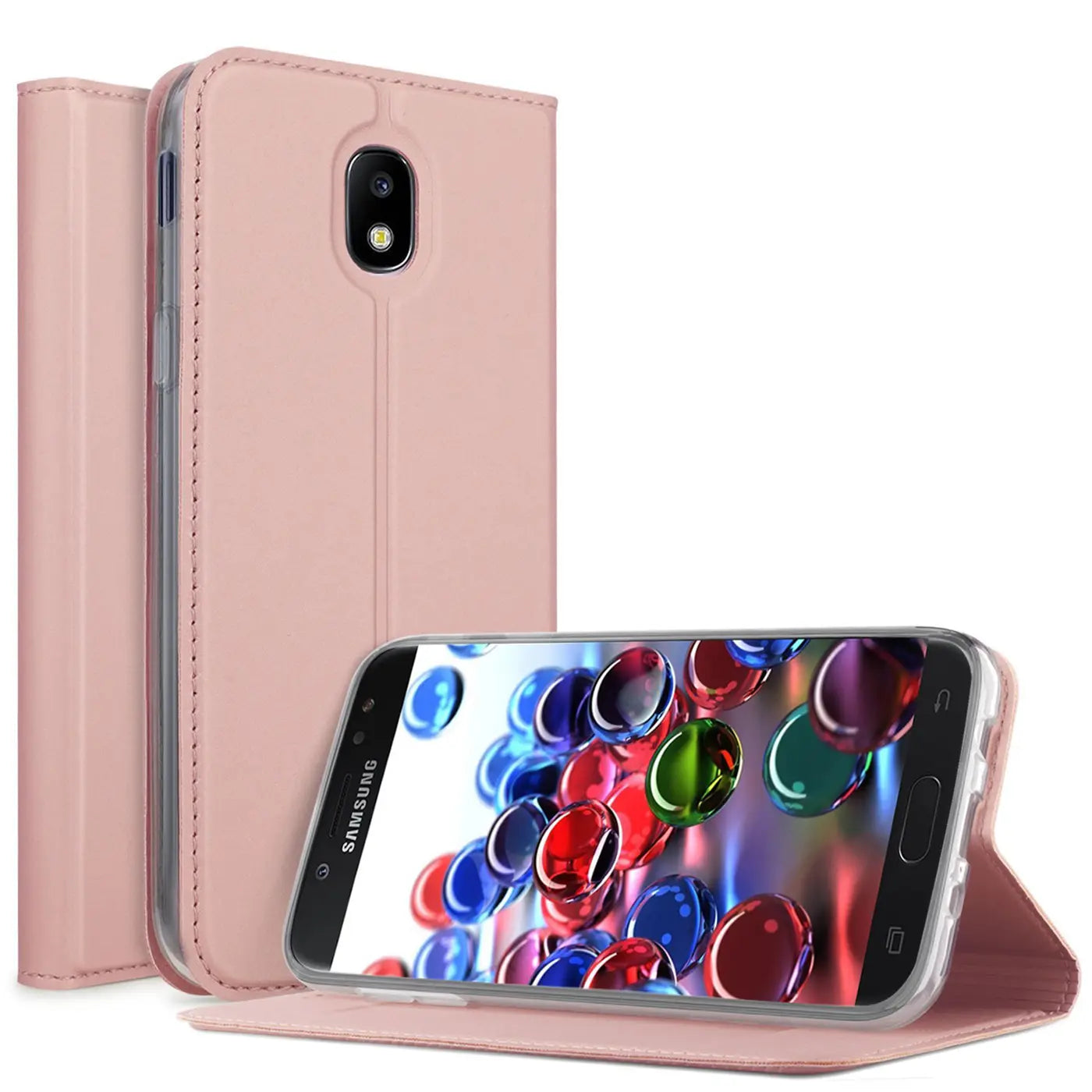 Rosa Kunstleder Flip Hülle für Samsung Galaxy J5 2017, stehend, mit Displayansicht.