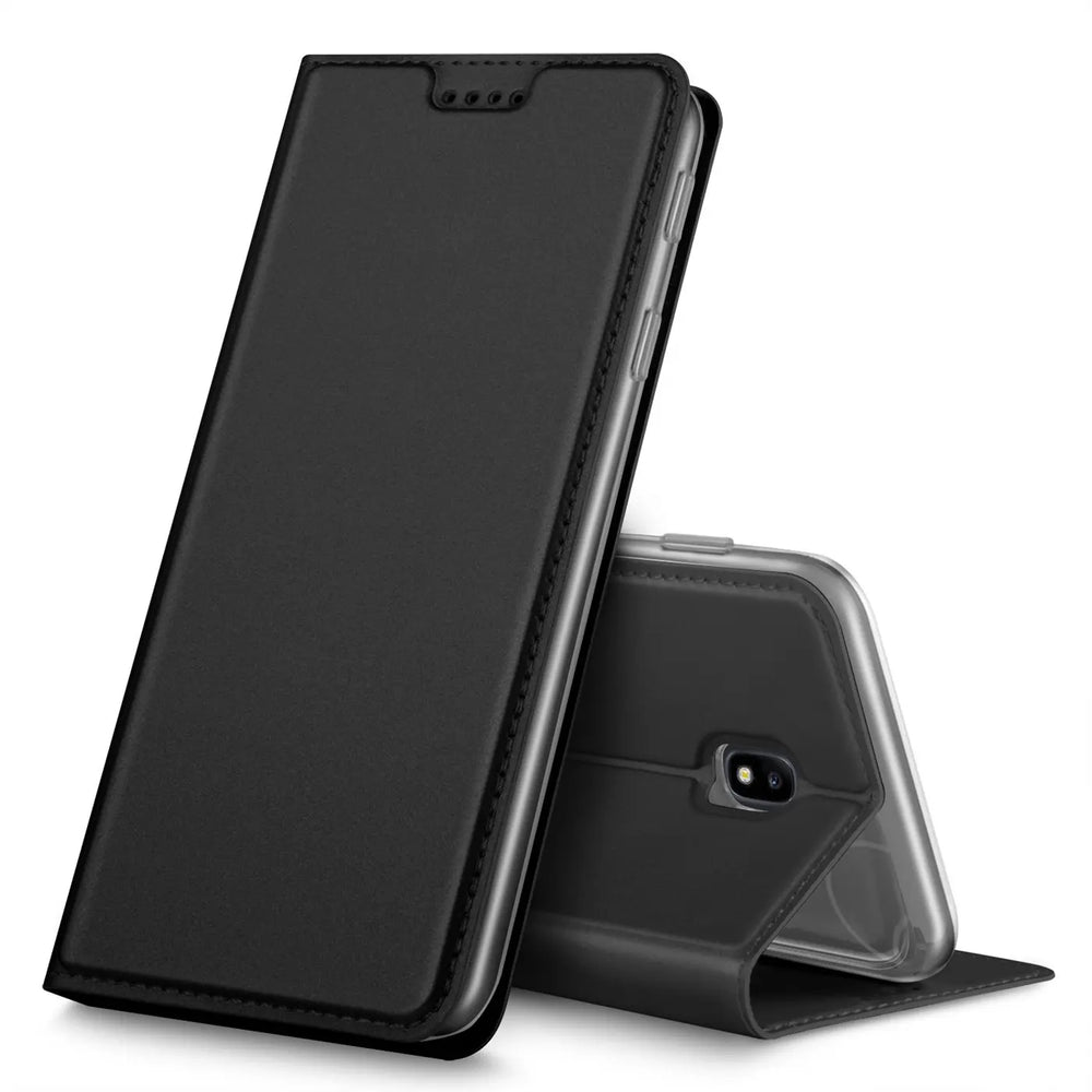 Schwarze Metallic Flip Hülle für Samsung Galaxy J5 2017, offen stehend, von vorne und hinten sichtbar.