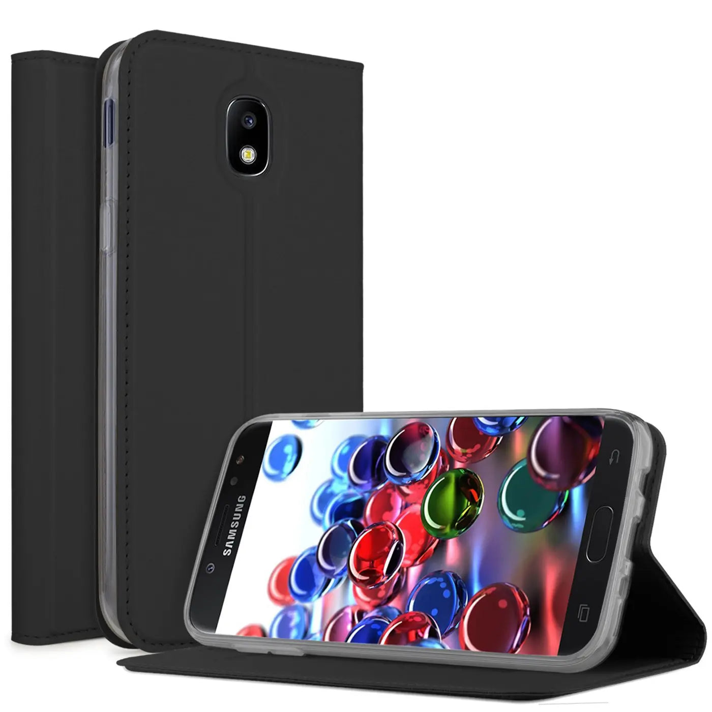 Schwarze Flip Hülle aus Kunstleder für Samsung Galaxy J5 2017, stehend und liegend mit Display-Ansicht.