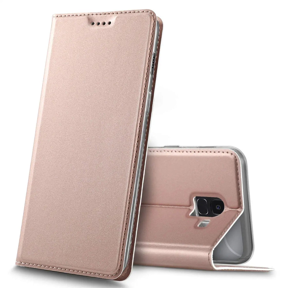Roségoldene Metallic Flip Hülle für Samsung Galaxy J6 2018, stehend und liegend, Kunstleder.