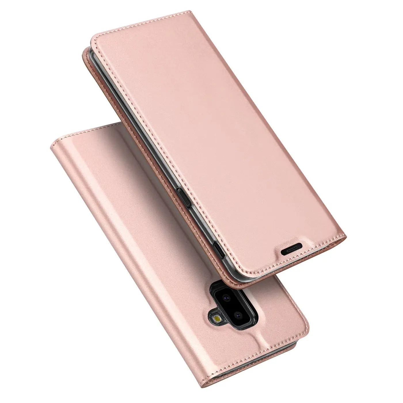 Roségoldene Metallic Flip Hülle für Samsung Galaxy J6 Plus, leicht geöffnet, schräg von oben.