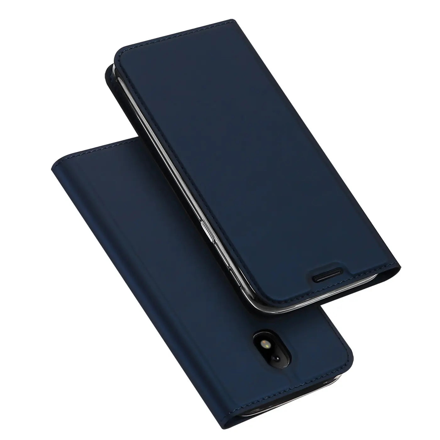 Zwei dunkelblaue, metallische Kunstleder Flip Hüllen für Samsung Galaxy J7 2017, schräg von oben.