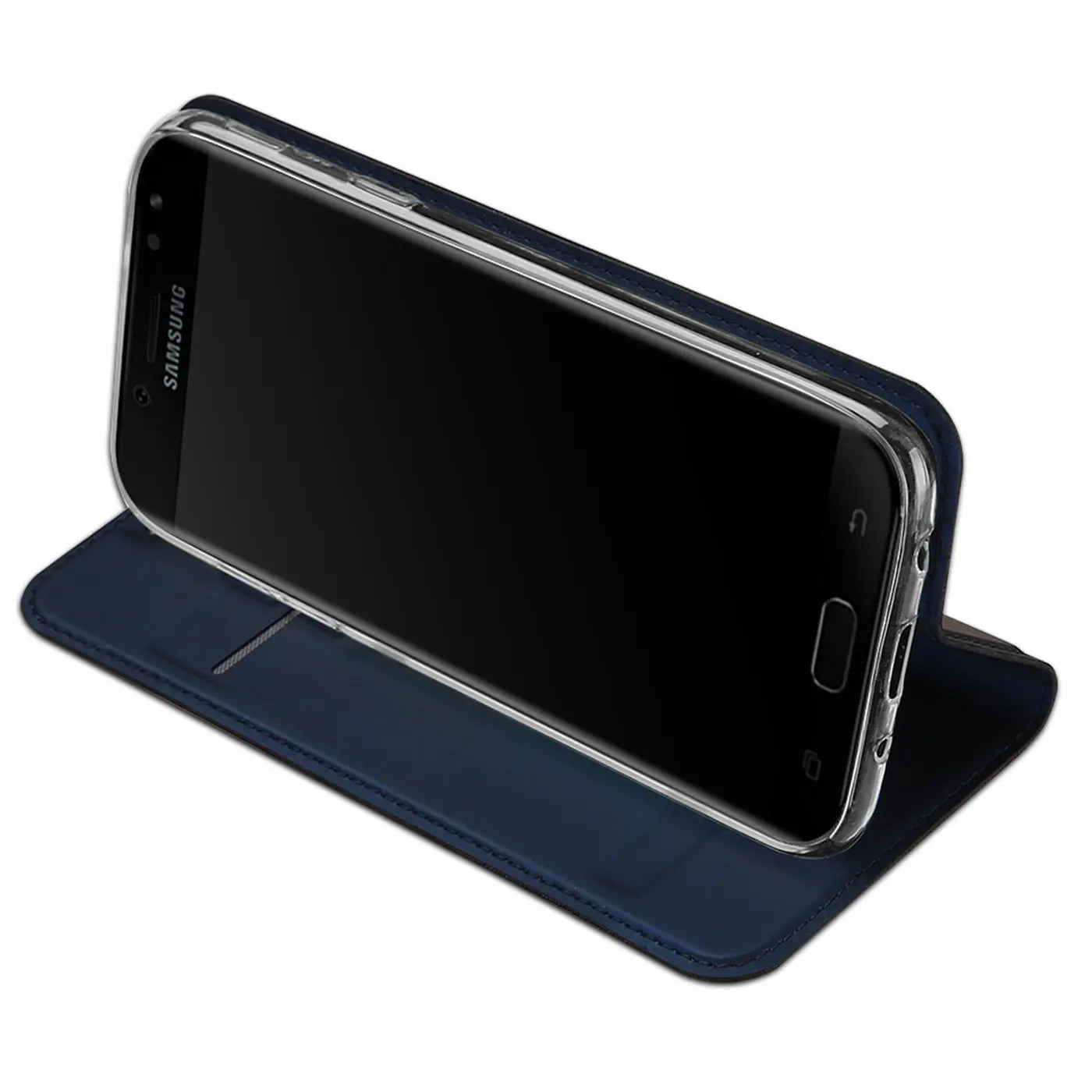 Dunkelblaue, klappbare Kunstleder-Hülle für Samsung Galaxy J7 2017, schräg von oben, als Ständer genutzt.