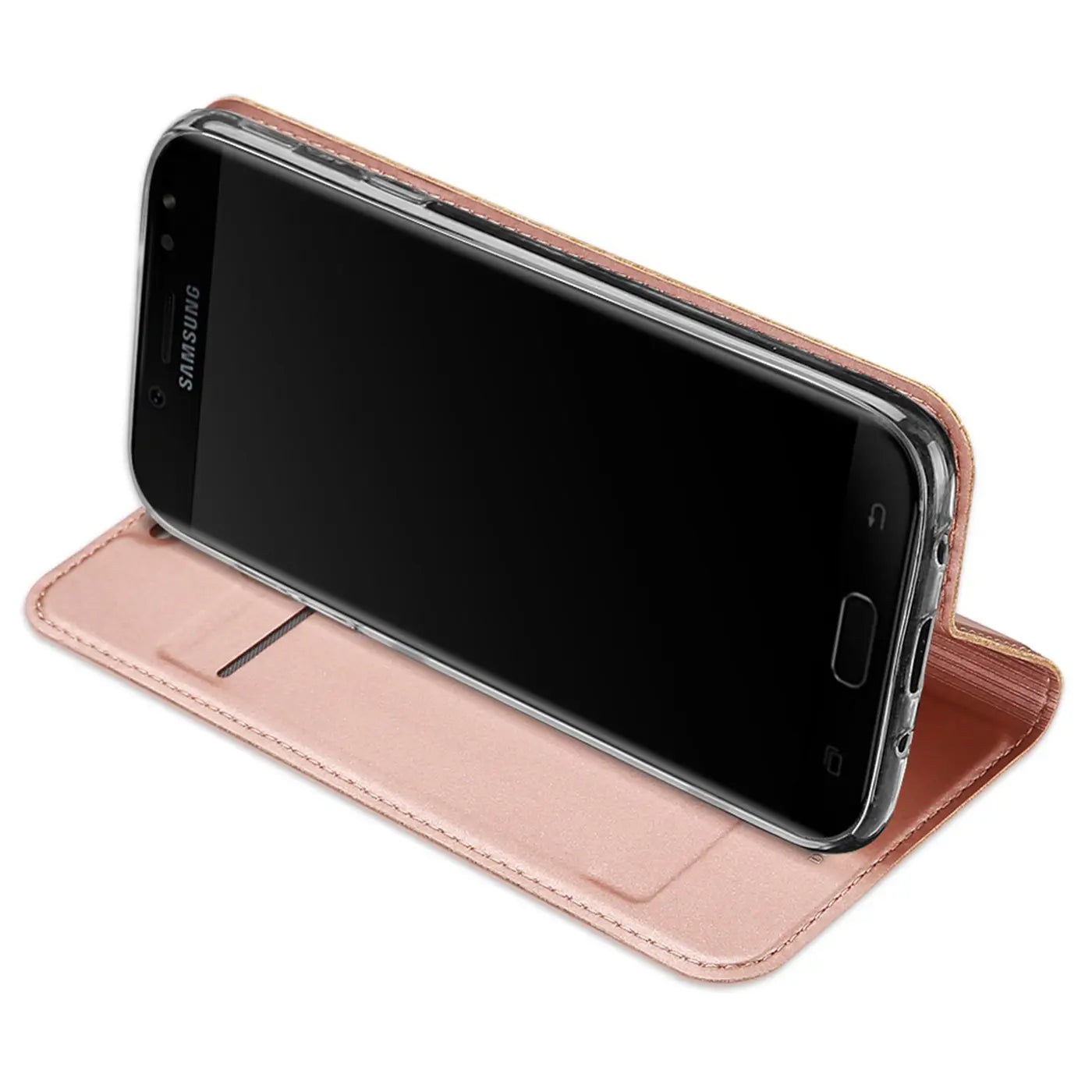 Roségoldene Metallic Flip Hülle aus Kunstleder, aufgeklappt als Ständer für ein Samsung Galaxy J7 2017, schräg von oben.