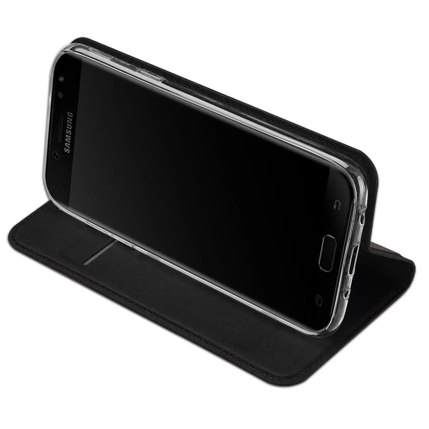 Samsung Galaxy J7 2017 in schwarzer, klappbarer Kunstlederhülle, aufgestellt als Ständer, schräg von oben.