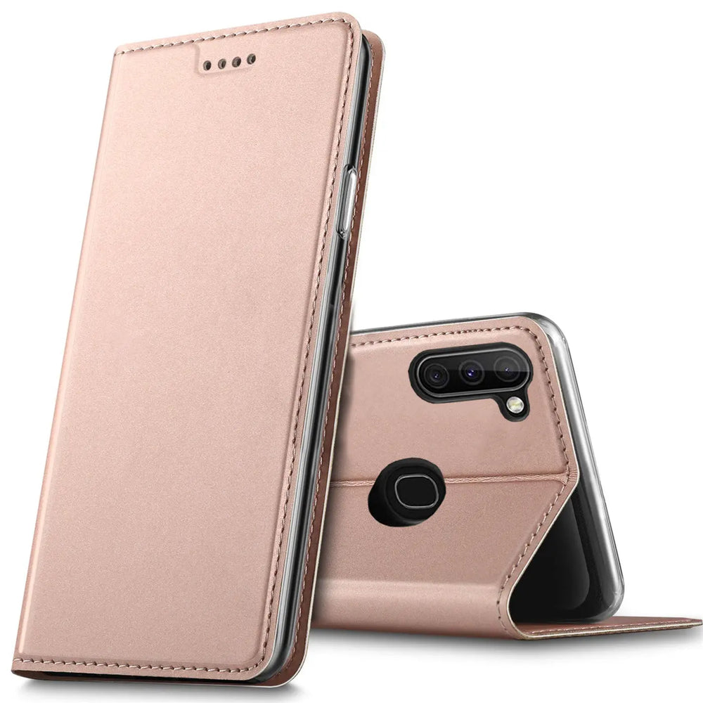 Roségoldene Metallic Flip Hülle für Samsung Galaxy M11, stehend und liegend, von schräg oben.