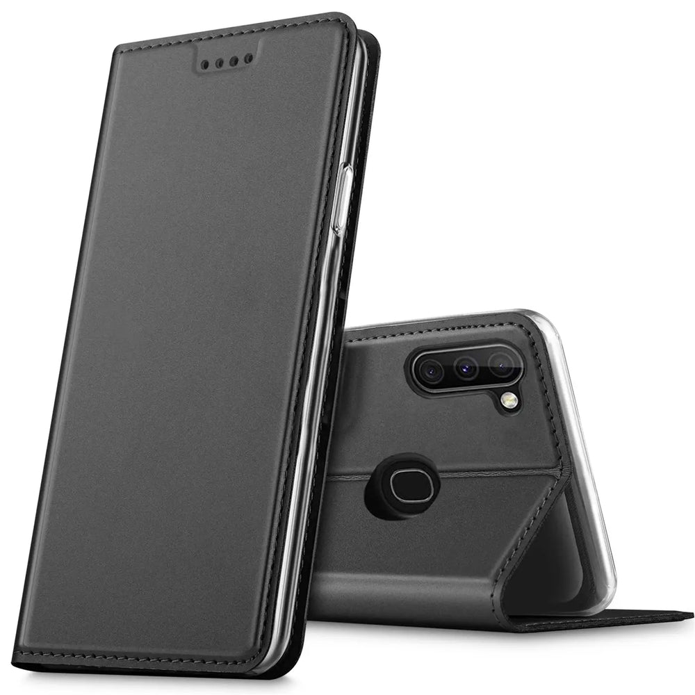 Schwarze Metallic Flip Hülle für Samsung Galaxy M11, stehend und liegend, Kunstleder, Vorder- und Rückseite sichtbar.