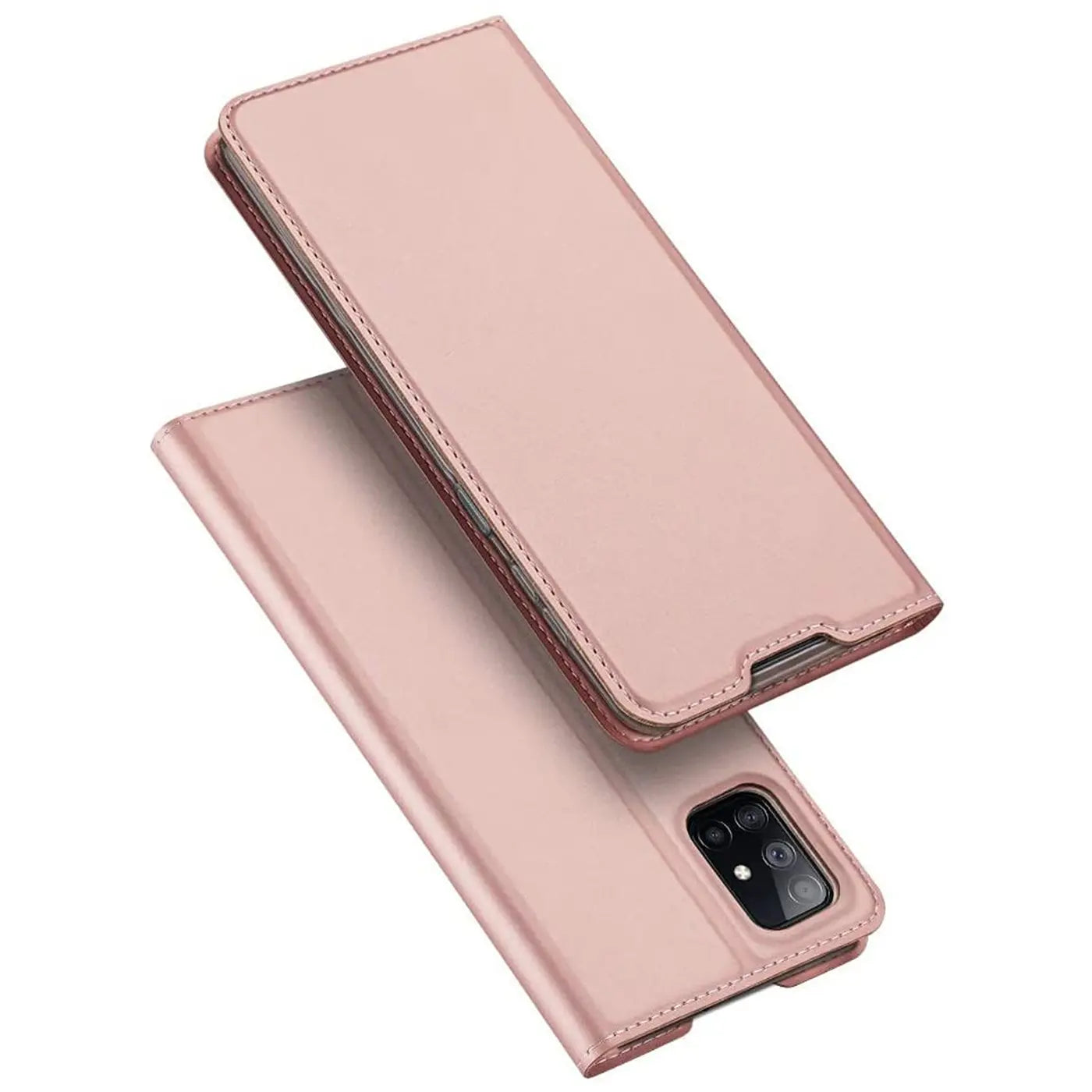 Roségoldene Klapphülle aus Kunstleder für Samsung Galaxy M51, von oben/schräg fotografiert.