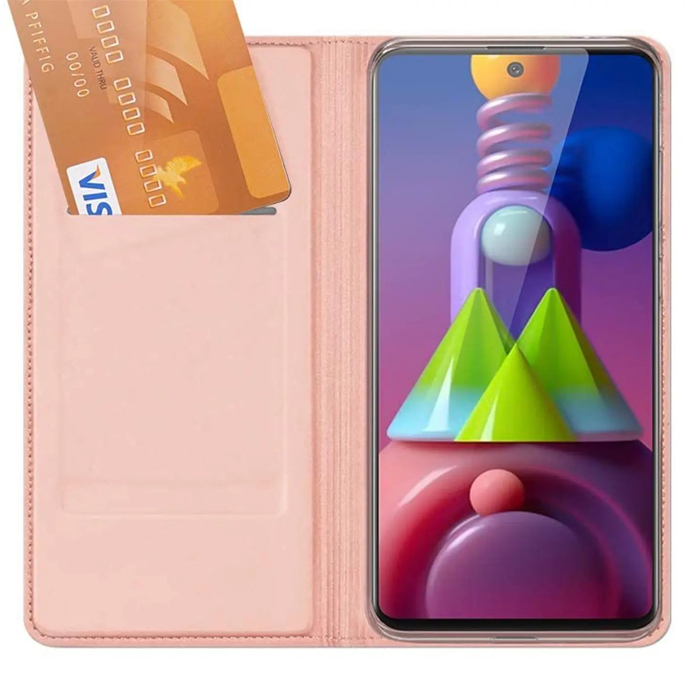 Rosa Kunstleder-Flip-Hülle mit Kartenfach, geöffnet, zeigt Samsung Galaxy M51.