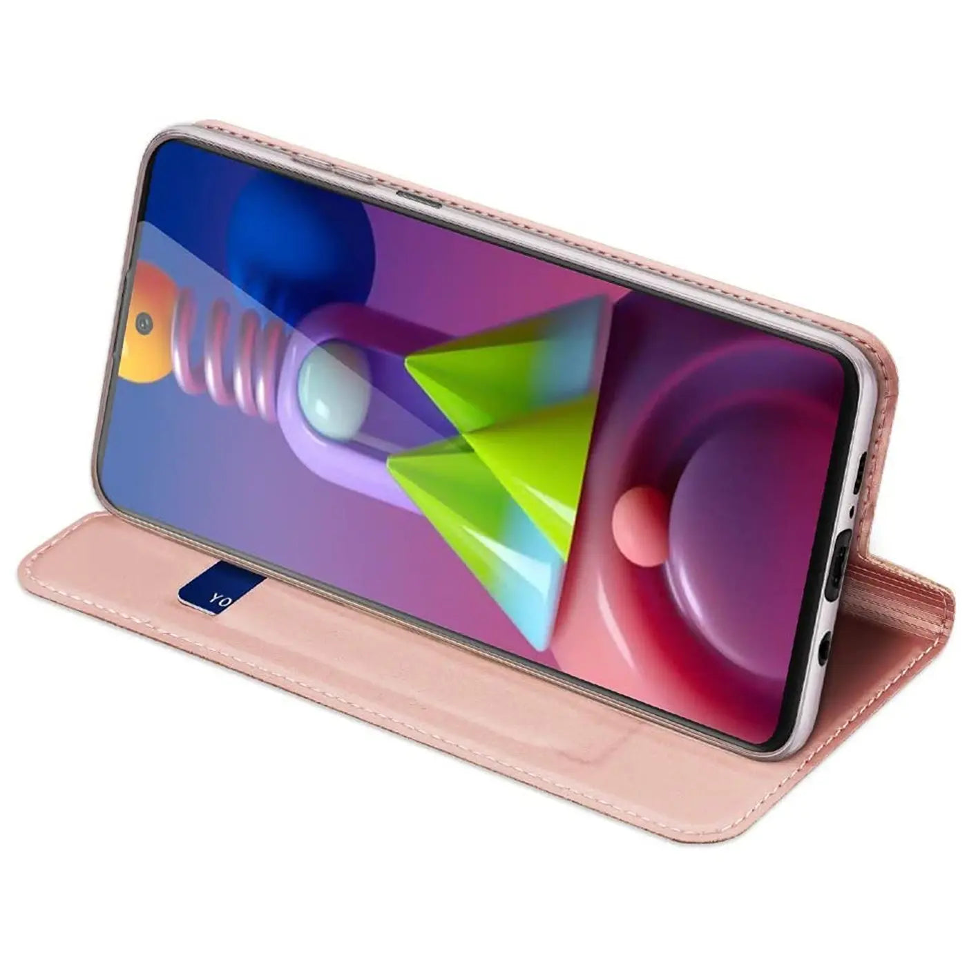 Rosa Kunstleder-Flip-Hülle, seitliche Ansicht, zeigt Samsung Galaxy M51 im geöffneten Zustand.
