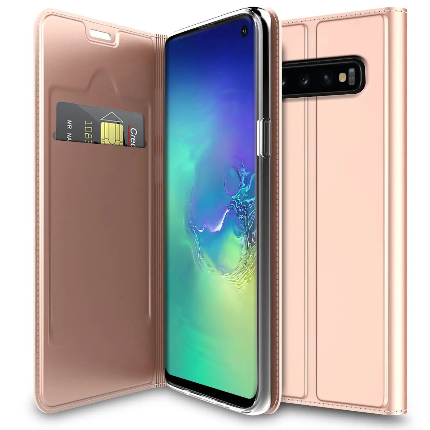 Roségoldene Metallic Flip Hülle für Samsung Galaxy S10, offen mit Kreditkarte im Fach, schräg von vorne.