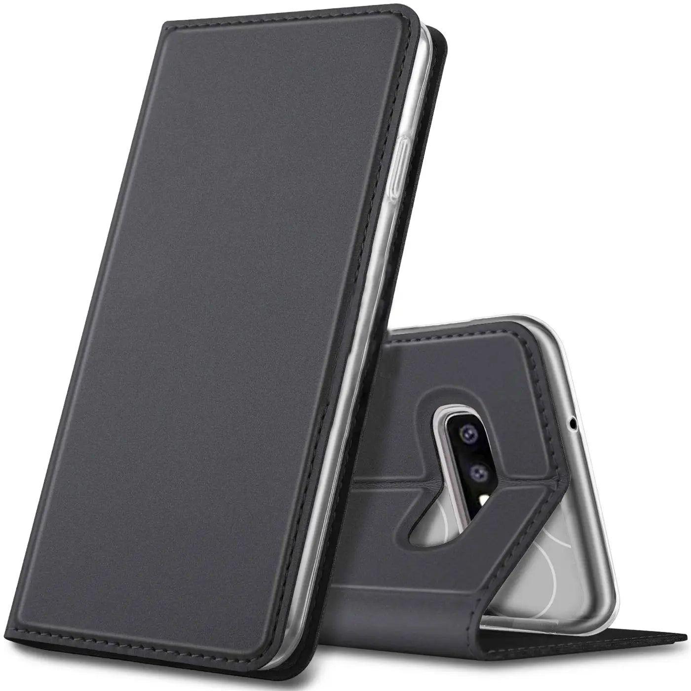Dunkelgraue, metallische Flip-Hülle aus Kunstleder für Samsung Galaxy S10, schräg stehend mit Ständerfunktion.