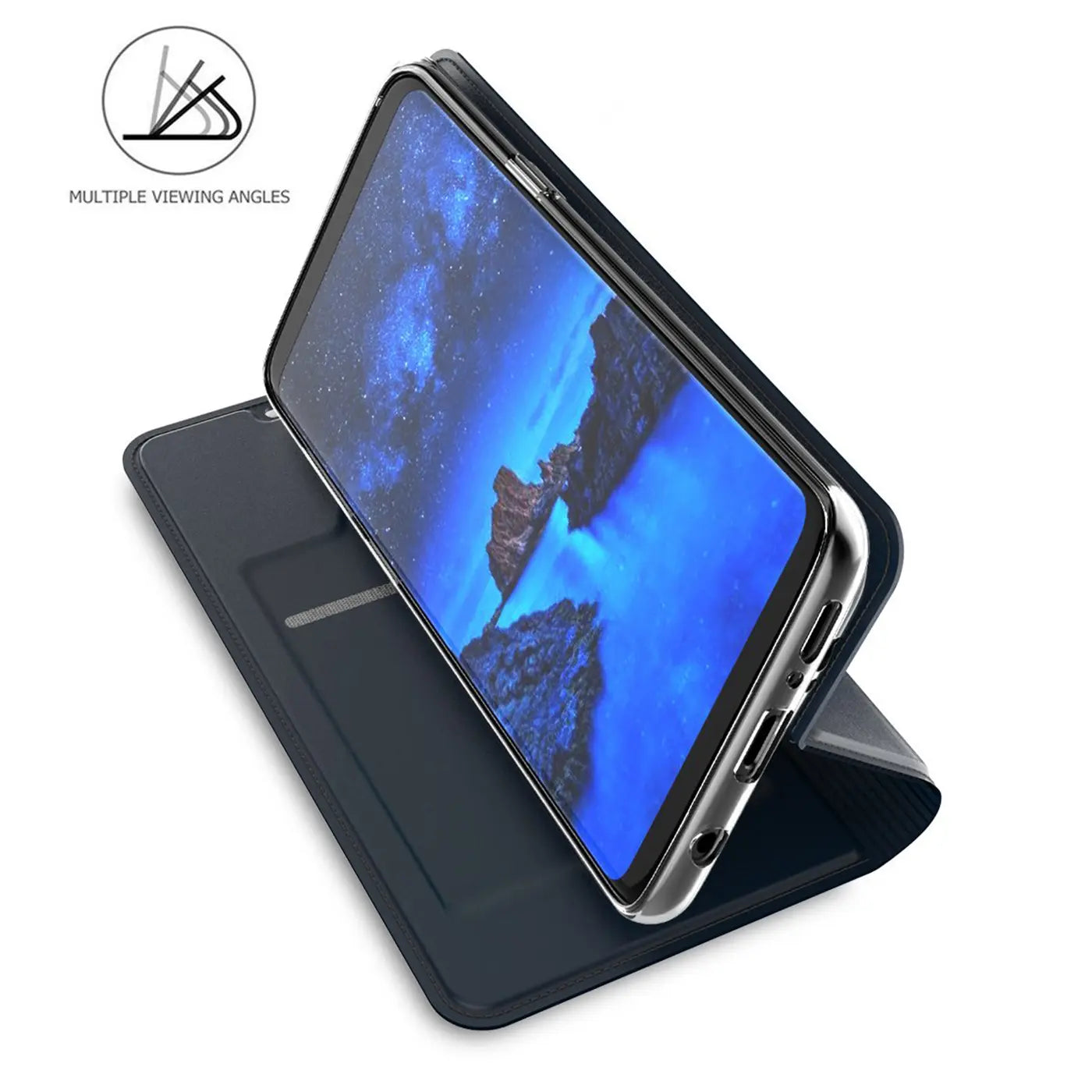 Samsung Galaxy S10e in dunkelblauer, metallischer Flip Hülle, als Ständer aufgestellt, schräg von oben.