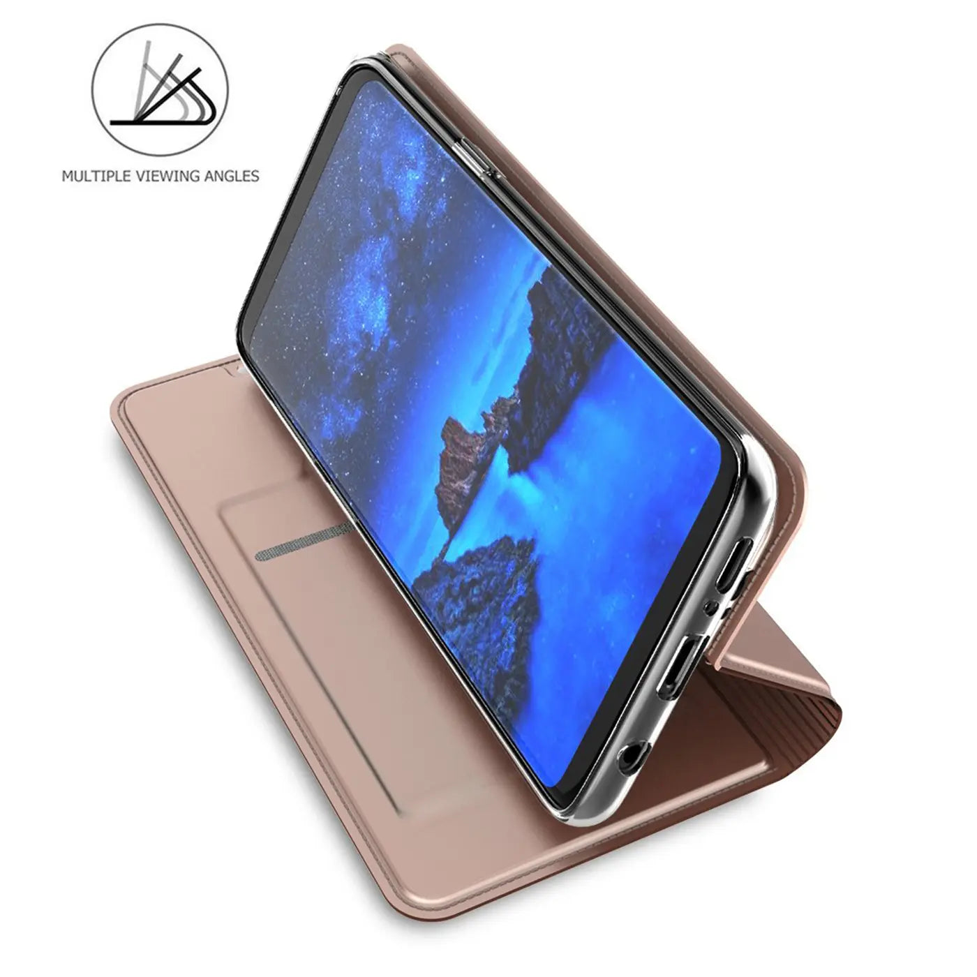 Roségoldene Metallic Flip Hülle aus Kunstleder für Samsung Galaxy S10e, als Ständer aufgestellt, schräg von oben.