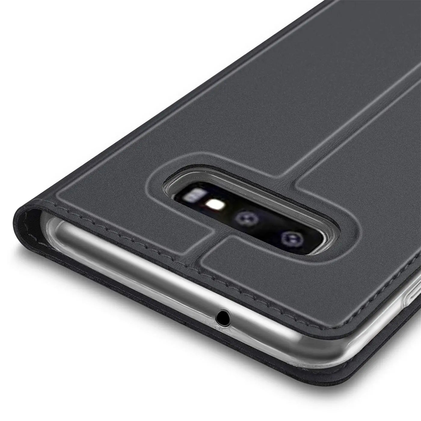 Dunkelgraue, metallische Flip-Hülle für Samsung Galaxy S10e, schräg von oben, Rückseite mit Kameraausschnitt.