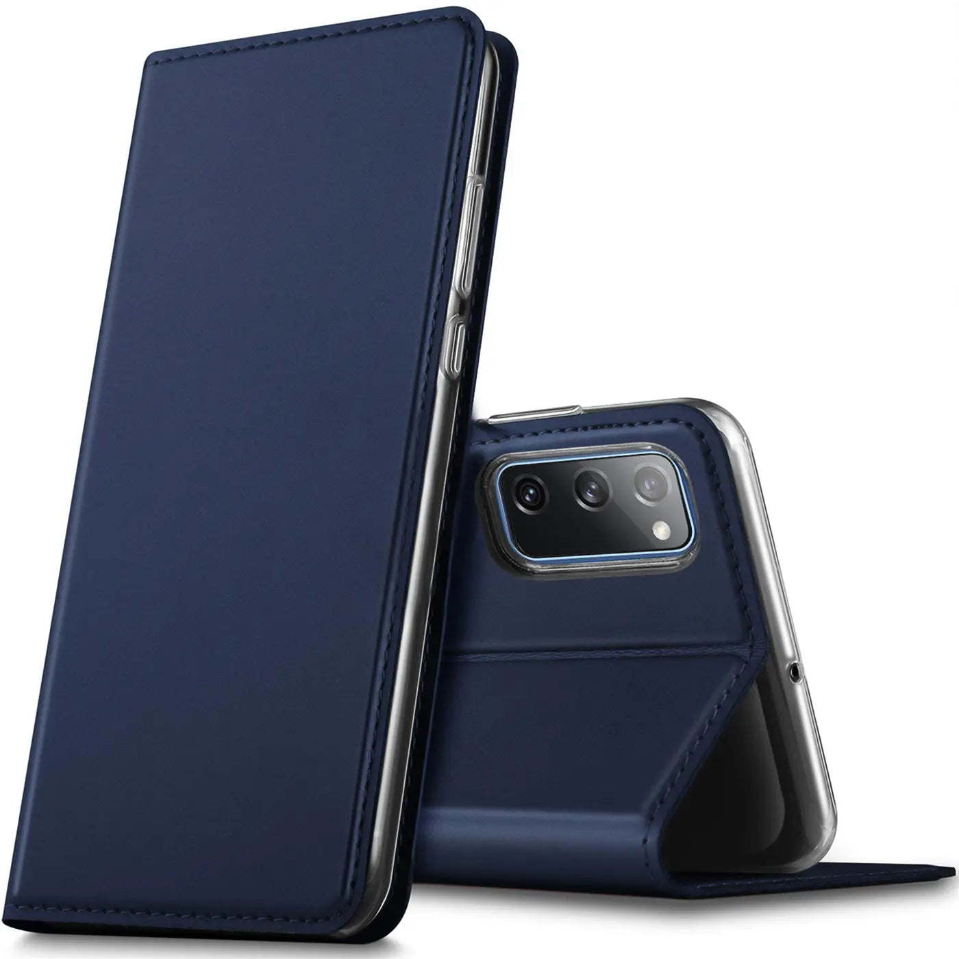 Dunkelblaue Kunstleder Flip Hülle für Samsung Galaxy S20 FE, aufgestellt als Ständer, schräg von vorne.