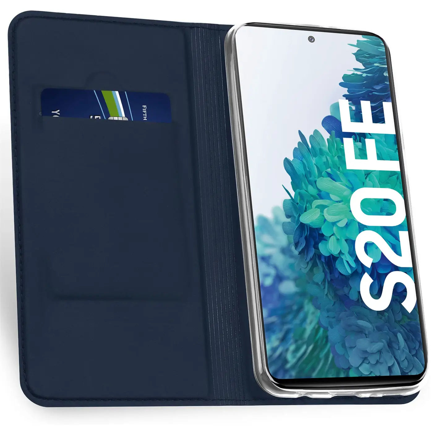 Dunkelblaue, aufklappbare Kunstlederhülle mit Kreditkartenfach, ein Samsung Galaxy S20 FE ist eingesetzt, schräg von oben.