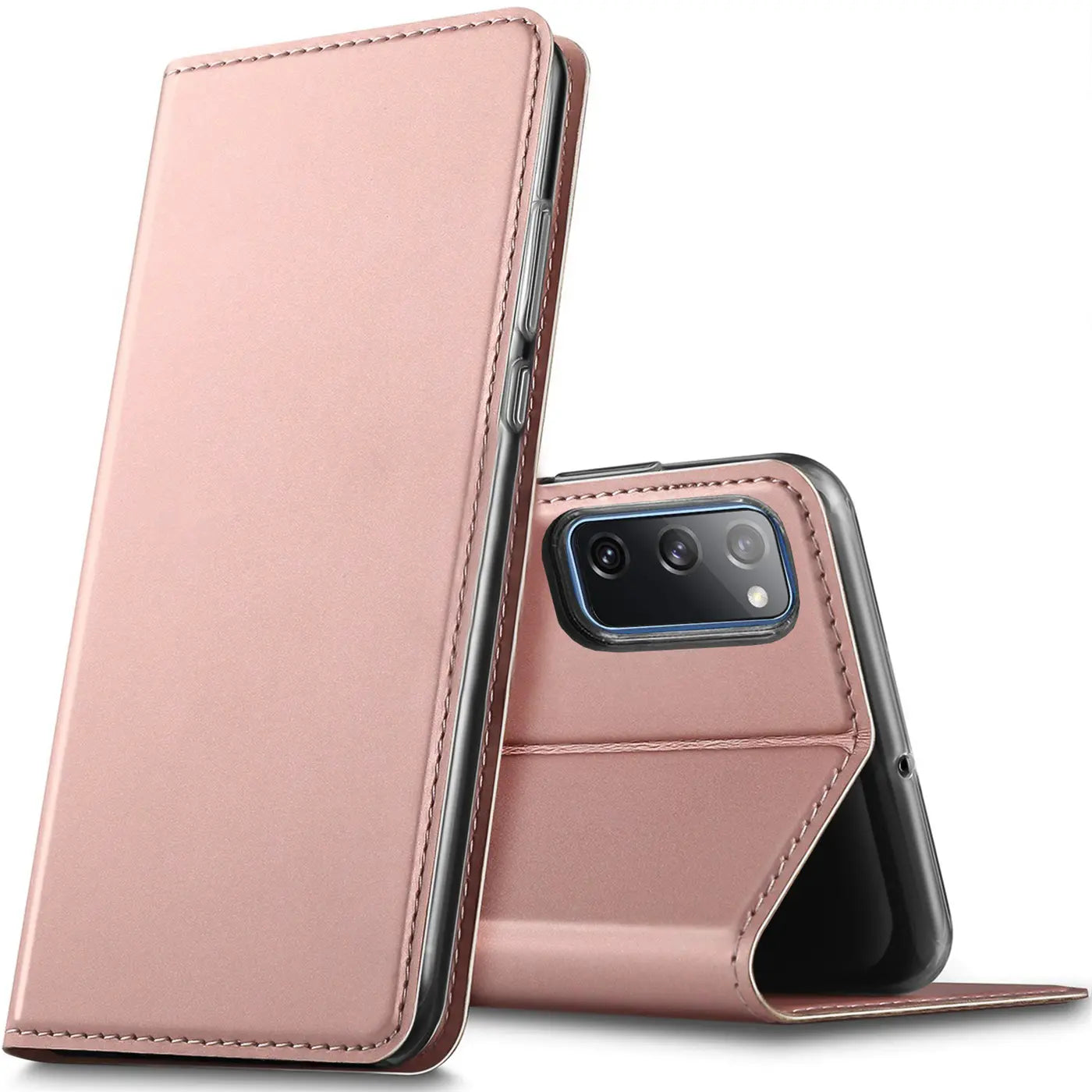Roségoldene Metallic Flip Hülle für Samsung Galaxy S20 FE, Kunstleder, halb geöffnet, schräg von oben.