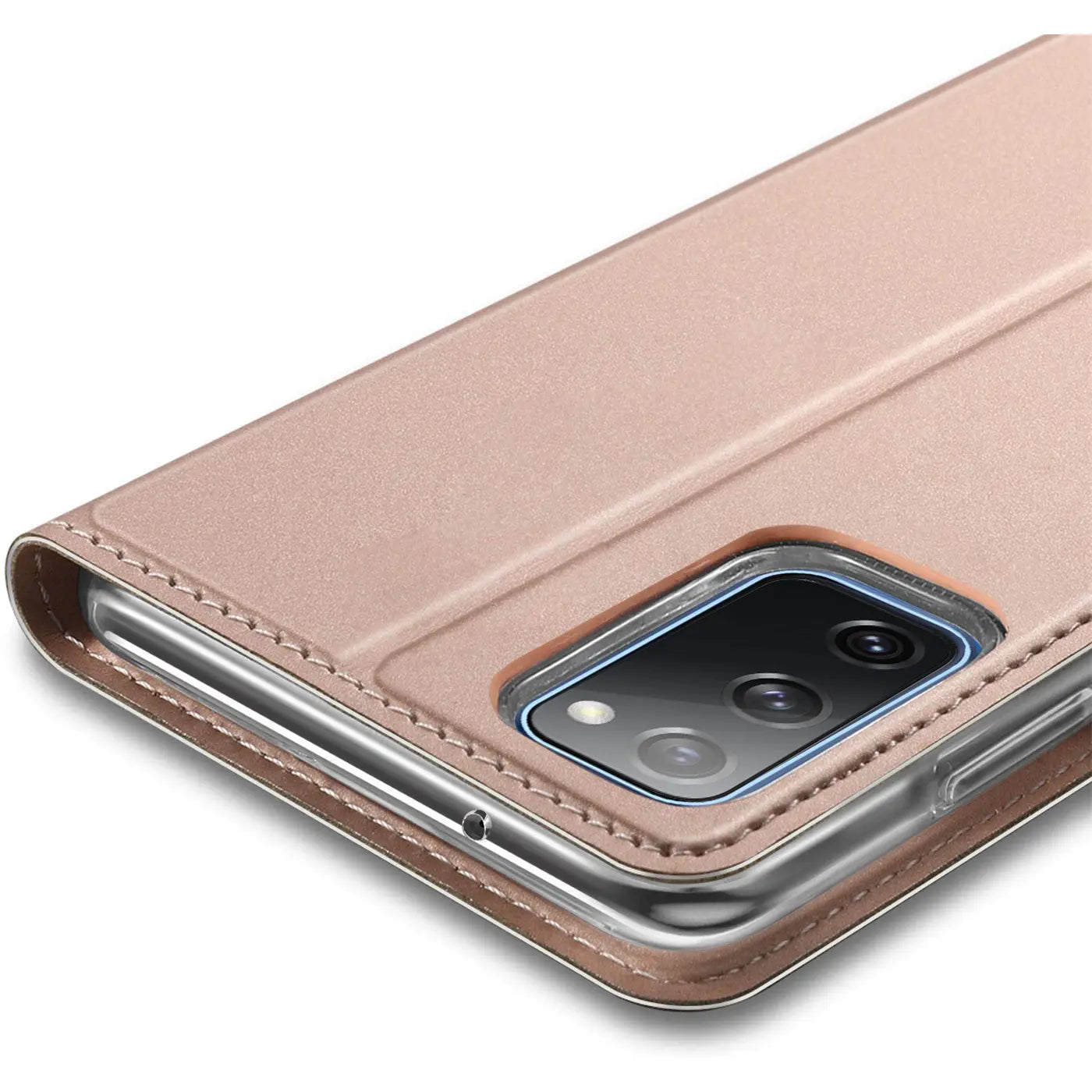 Nahaufnahme: Roségoldene Metallic Flip Hülle aus Kunstleder für Samsung Galaxy S20 FE, schräg von oben.