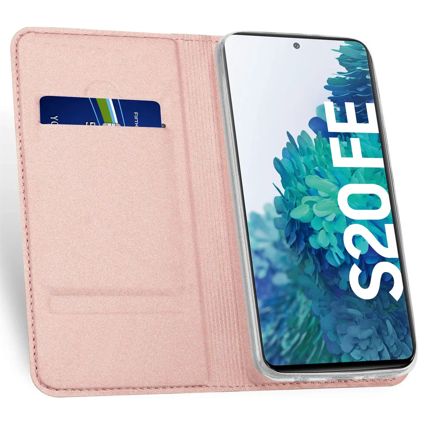 Rosafarbene, aufklappbare Kunstlederhülle für Samsung Galaxy S20 FE, mit Kreditkarte in einem Fach, von oben rechts.