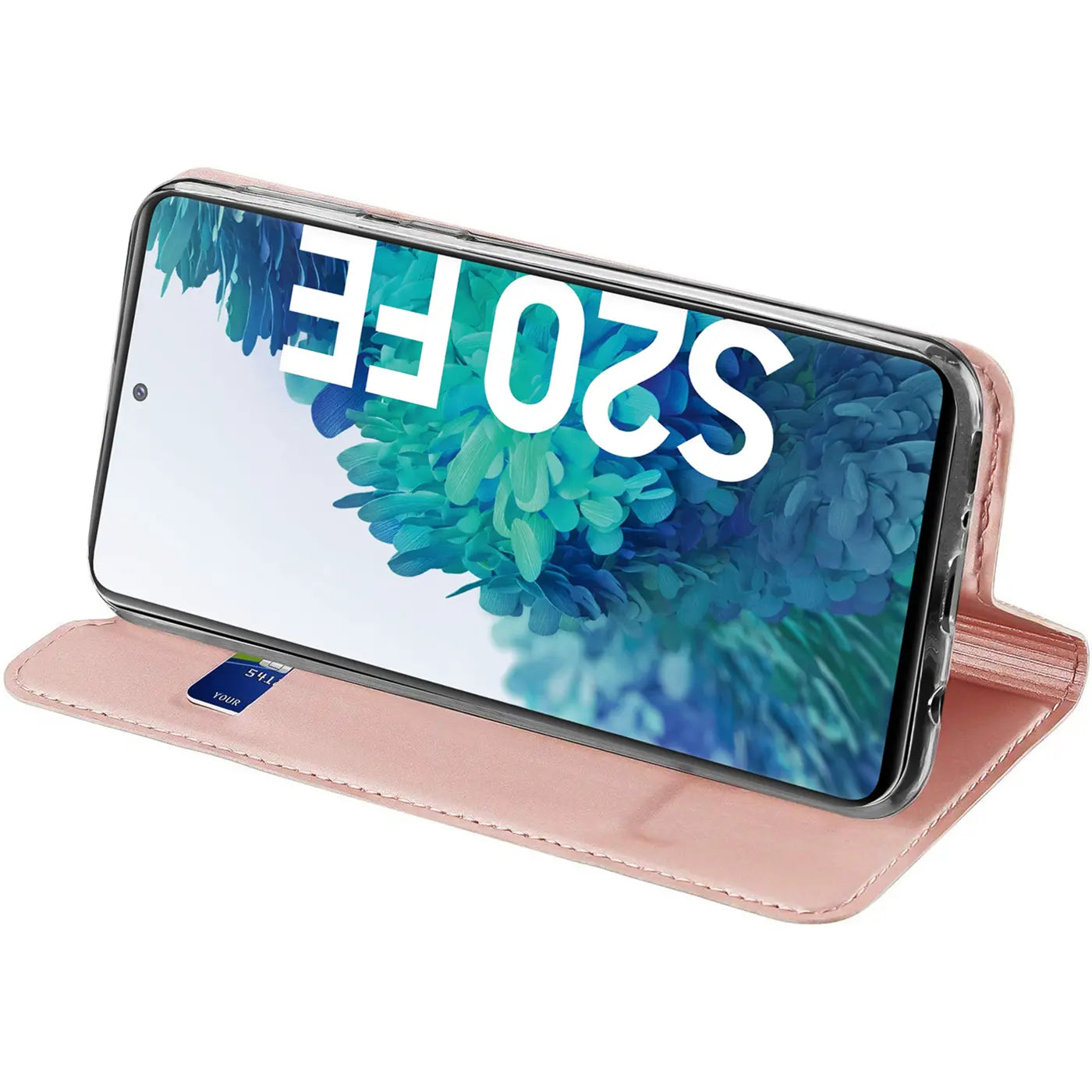 Samsung Galaxy S20 FE in rosafarbener Metallic Flip Hülle, als Ständer aufgestellt, schräg von oben.