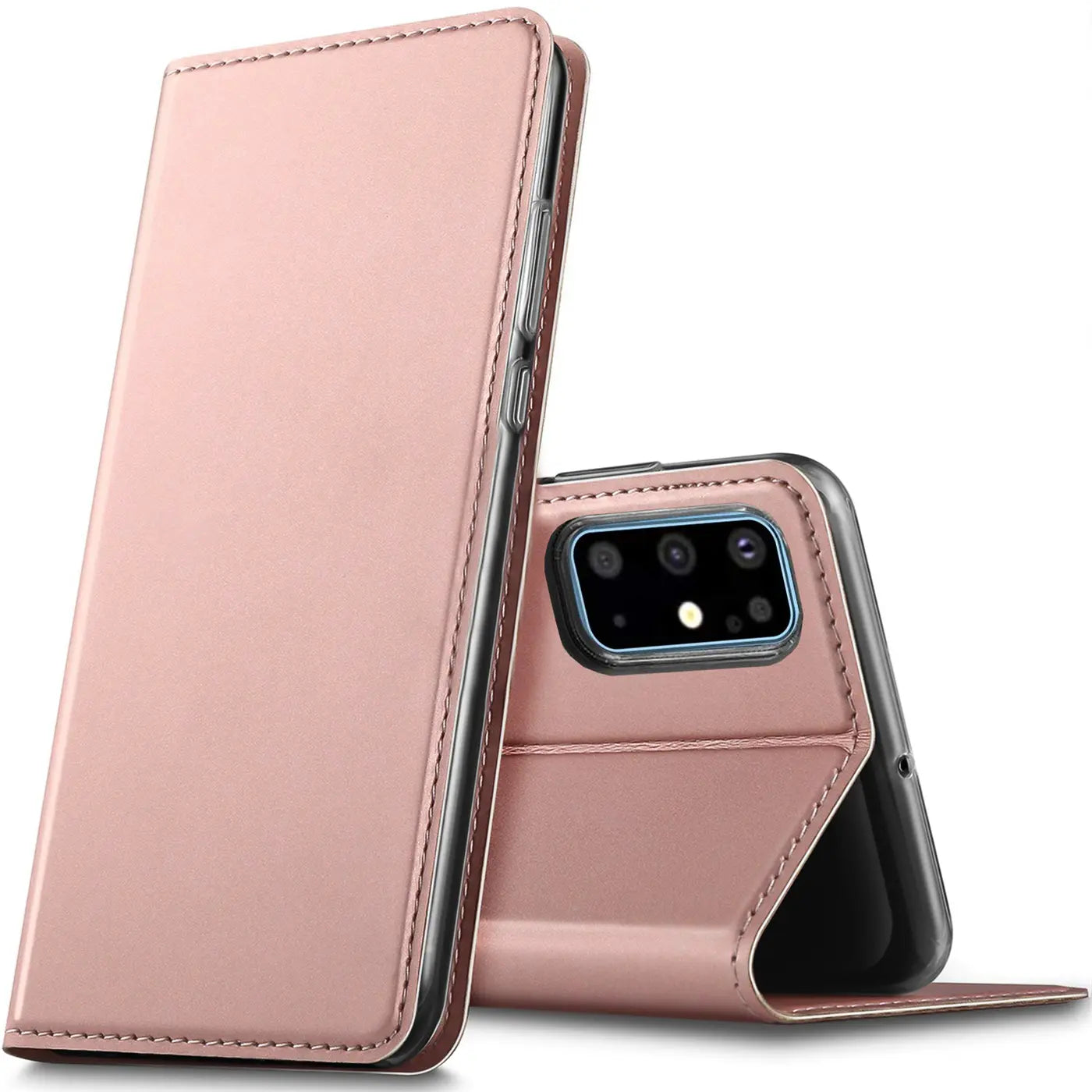 Roségoldene Metallic Flip Hülle für Samsung Galaxy S20 Plus, offen und als Ständer positioniert, schräg von vorne.