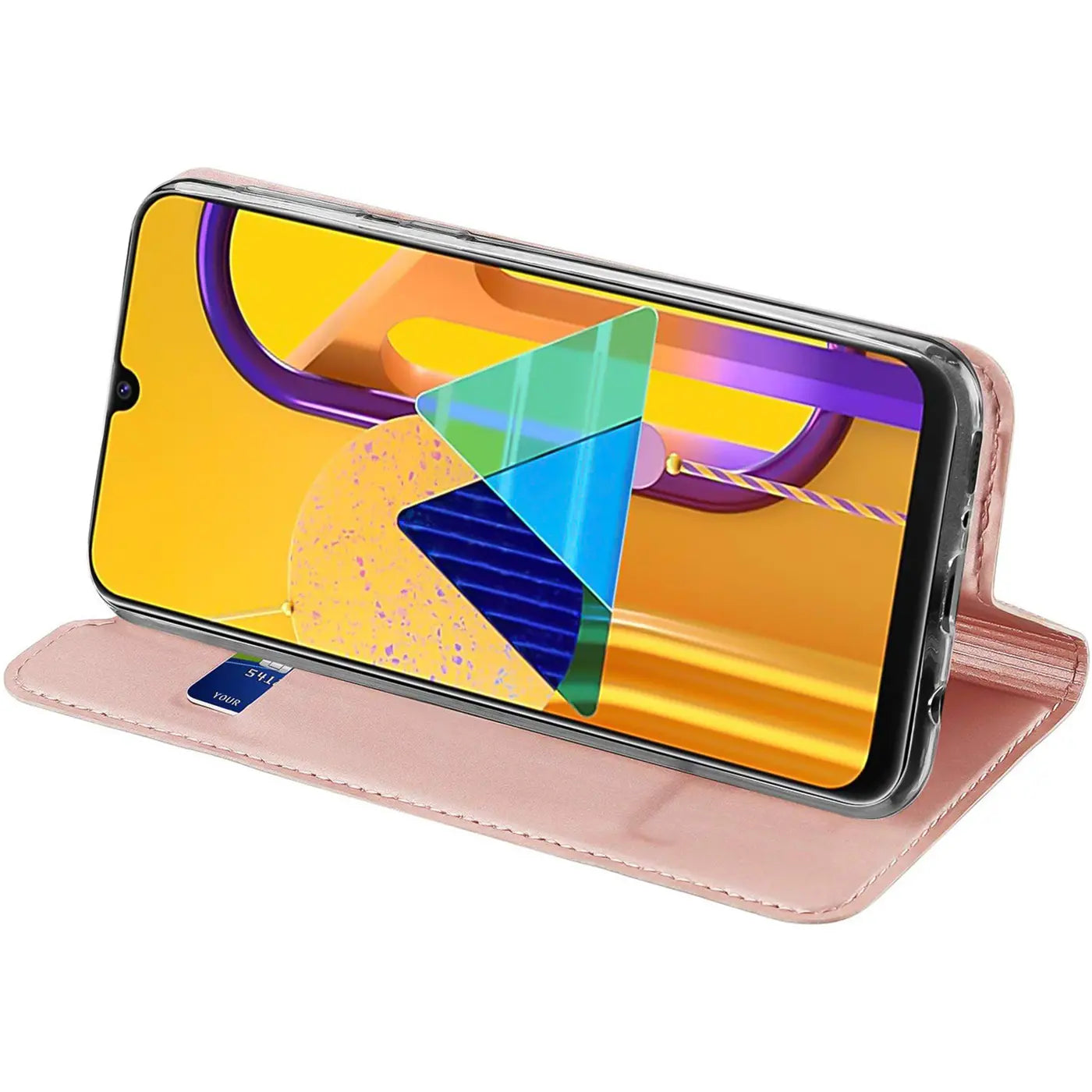 Samsung Galaxy S20 Plus in rosafarbener Metallic Flip Hülle, als Ständer aufgestellt, schräg von vorne.