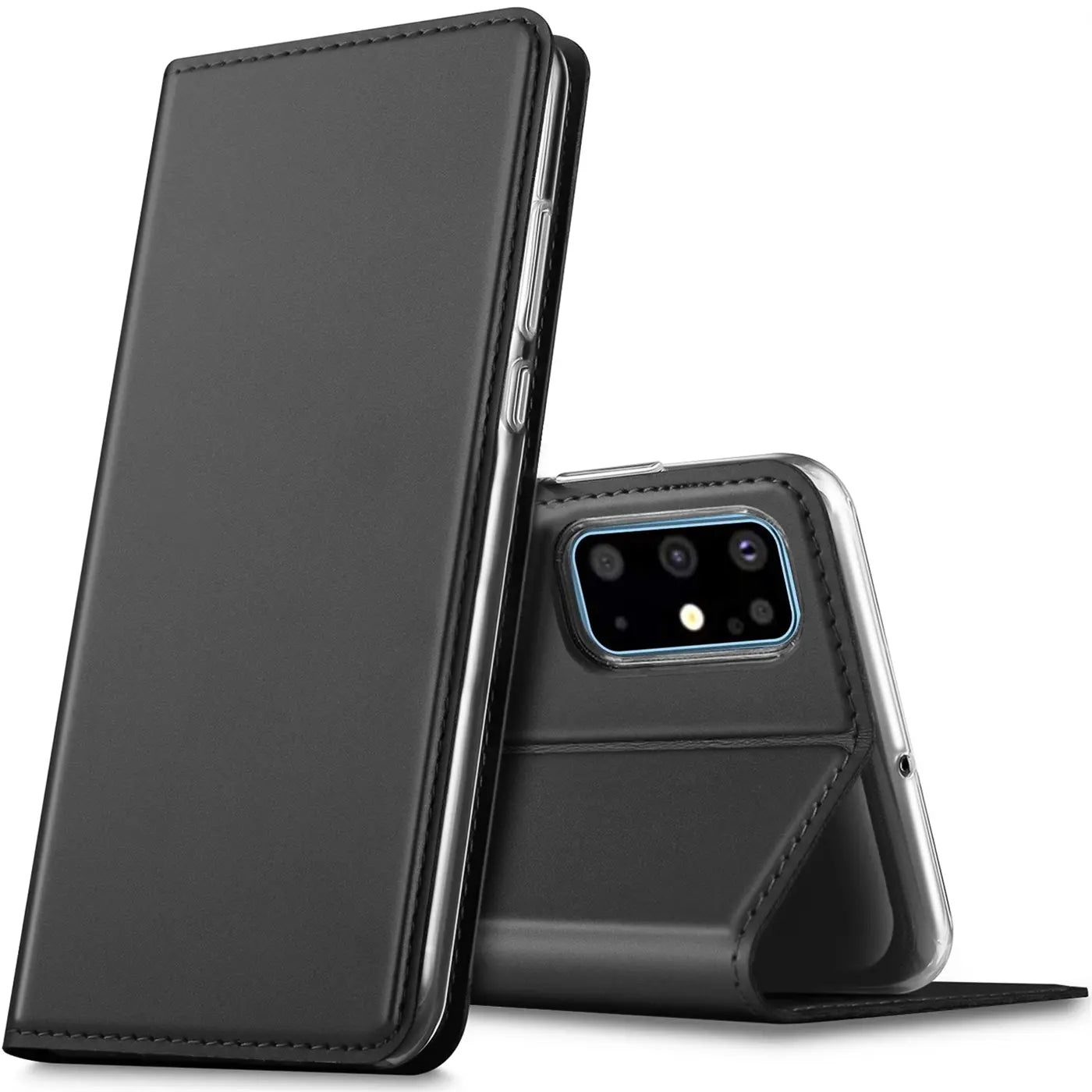 Schwarze, klappbare Kunstlederhülle für Samsung Galaxy S20 Plus, stehend und liegend, von schräg vorne.