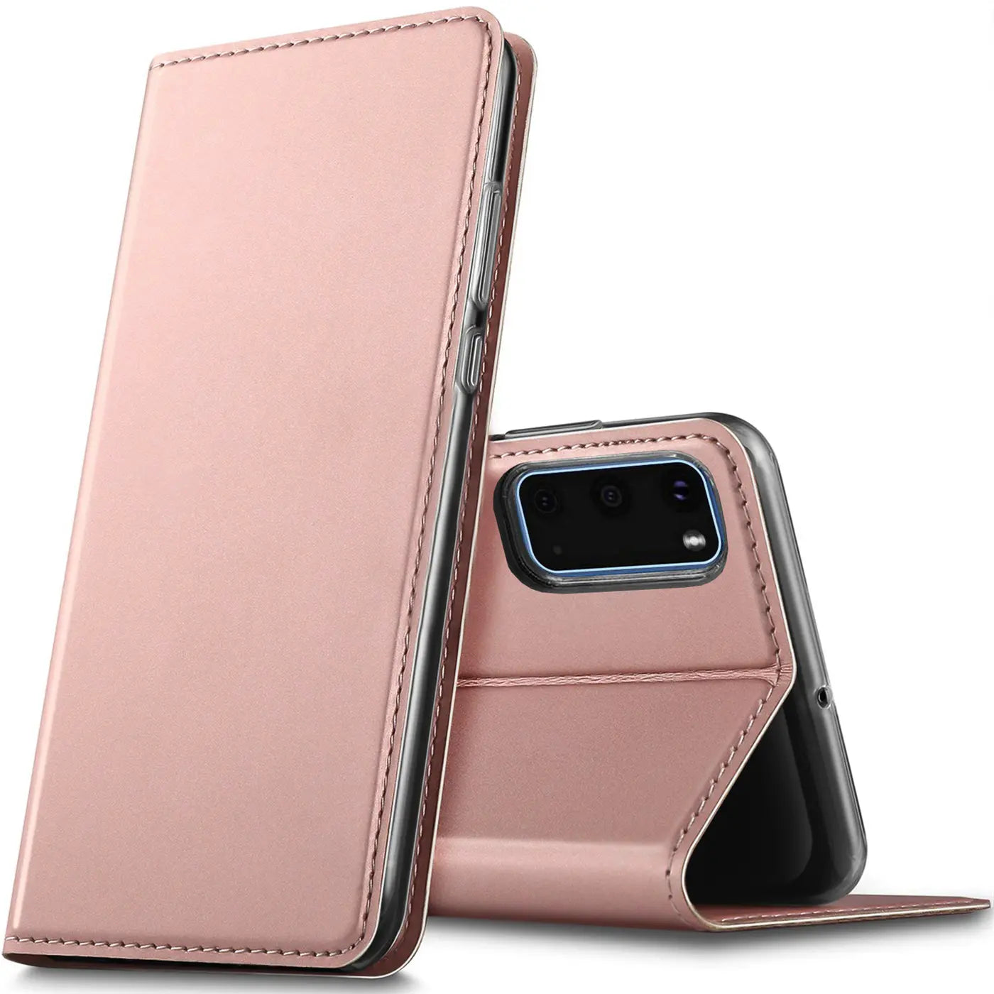 Rosafarbene, metallic-glänzende Kunstleder Flip Hülle für Samsung Galaxy S20, halb geöffnet, schräg von vorne.