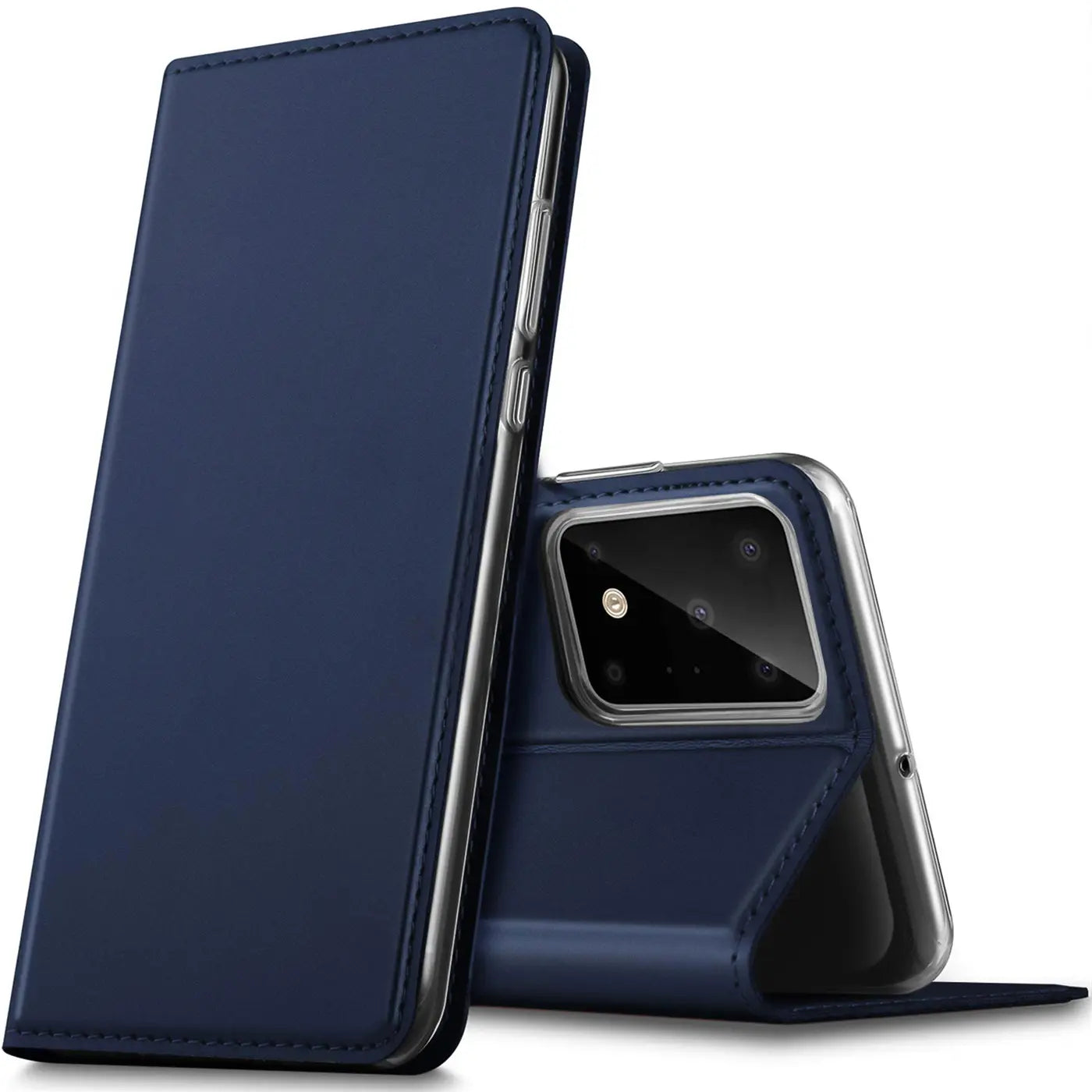 Dunkelblaue Kunstleder-Flip-Hülle für Samsung Galaxy S20 Ultra, stehend, leicht schräg von vorne rechts.