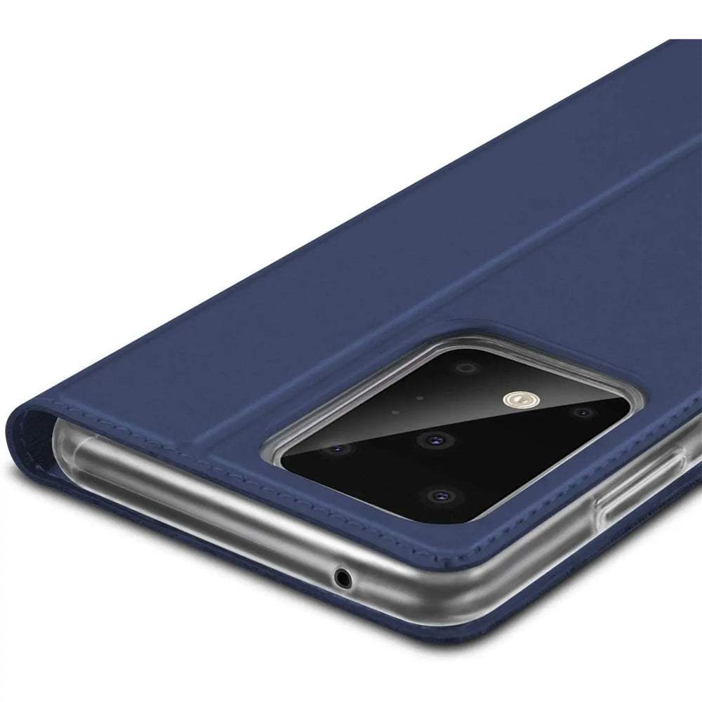 Dunkelblaue Metallic Flip Hülle aus Kunstleder für Samsung Galaxy S20 Ultra, schräg von hinten oben.