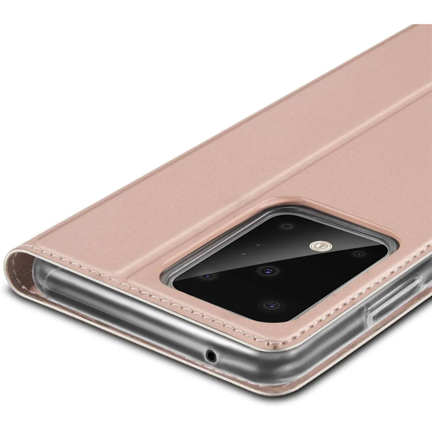 Roségoldene, metallische Flip-Hülle für Samsung Galaxy S20 Ultra, schräg von oben, mit Kameraausschnitt.
