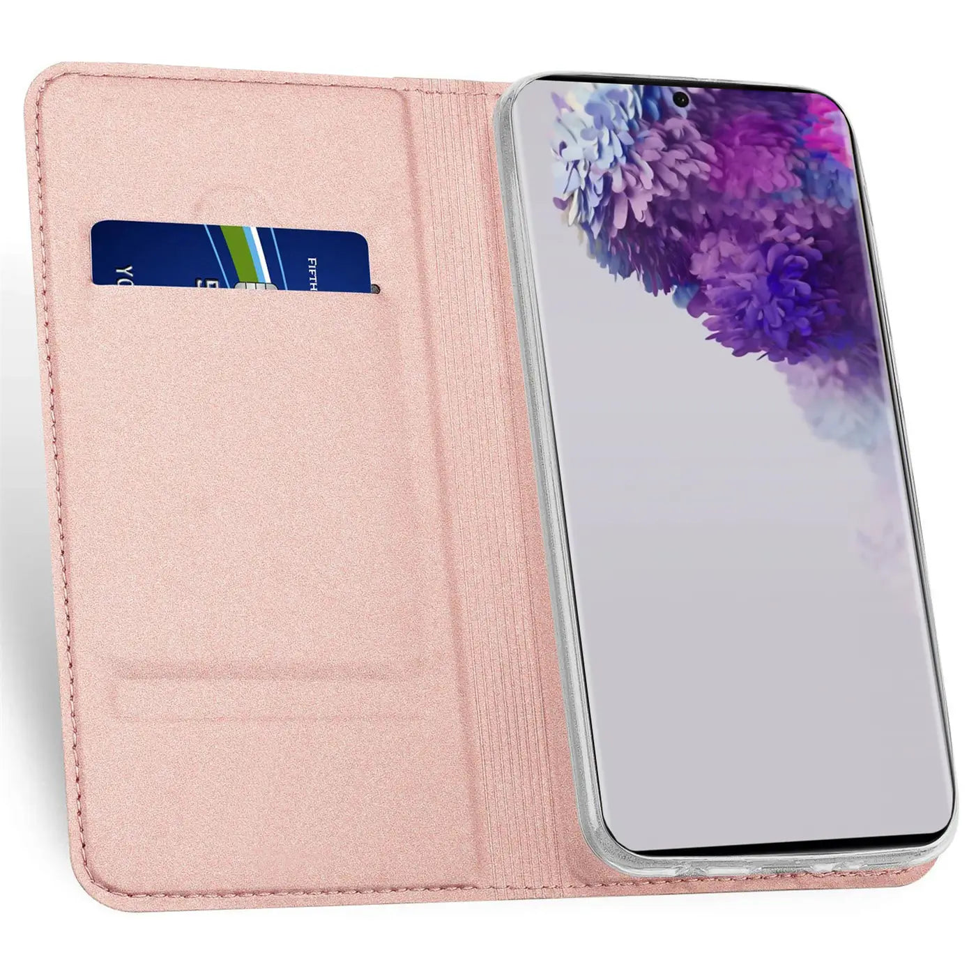 Rosafarbene, klappbare Kunstlederhülle für Samsung Galaxy S20 Ultra, geöffnet mit Kreditkarte in einem Fach.