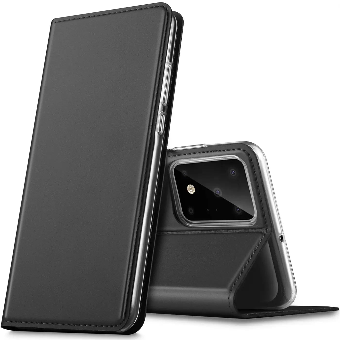 Schwarze Kunstleder Flip Hülle für Samsung Galaxy S20 Ultra, stehend, Rückseite mit Kamera sichtbar.