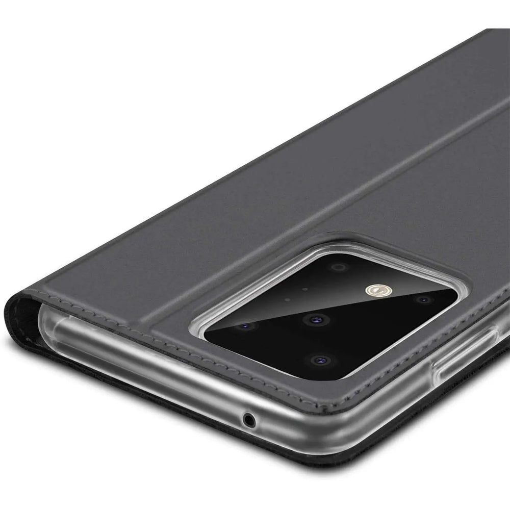 Graue, klappbare Kunstlederhülle für Samsung Galaxy S20 Ultra, schräg von oben, Rückseite mit Kameraausschnitt sichtbar.
