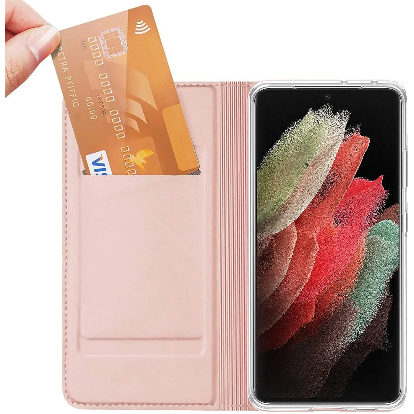 Offene, rosafarbene Kunstleder Flip Hülle für Samsung Galaxy S21 mit Kreditkartenfach, aus dem eine goldene Karte gezogen.