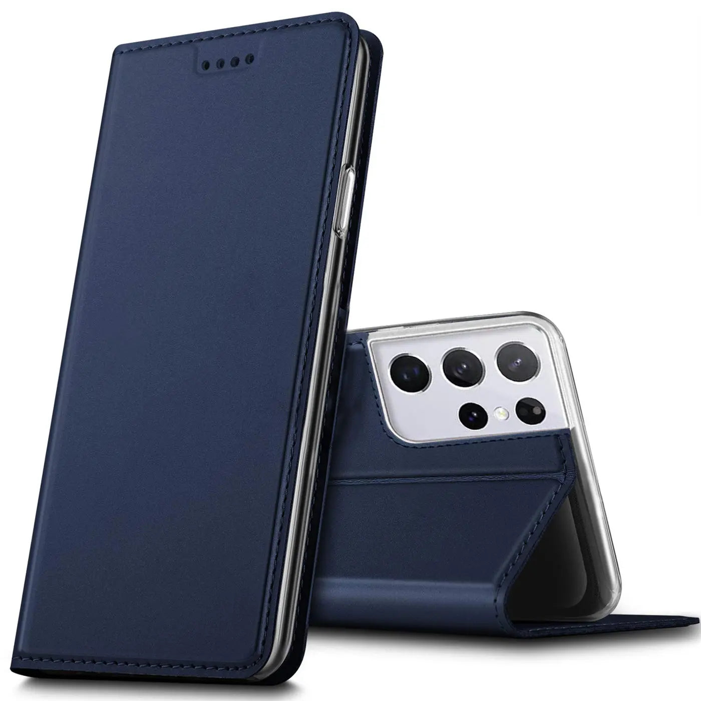 Dunkelblaue, klappbare Kunstlederhülle für Samsung Galaxy S21 Ultra, stehend und seitlich geöffnet, Rückseite sichtbar.