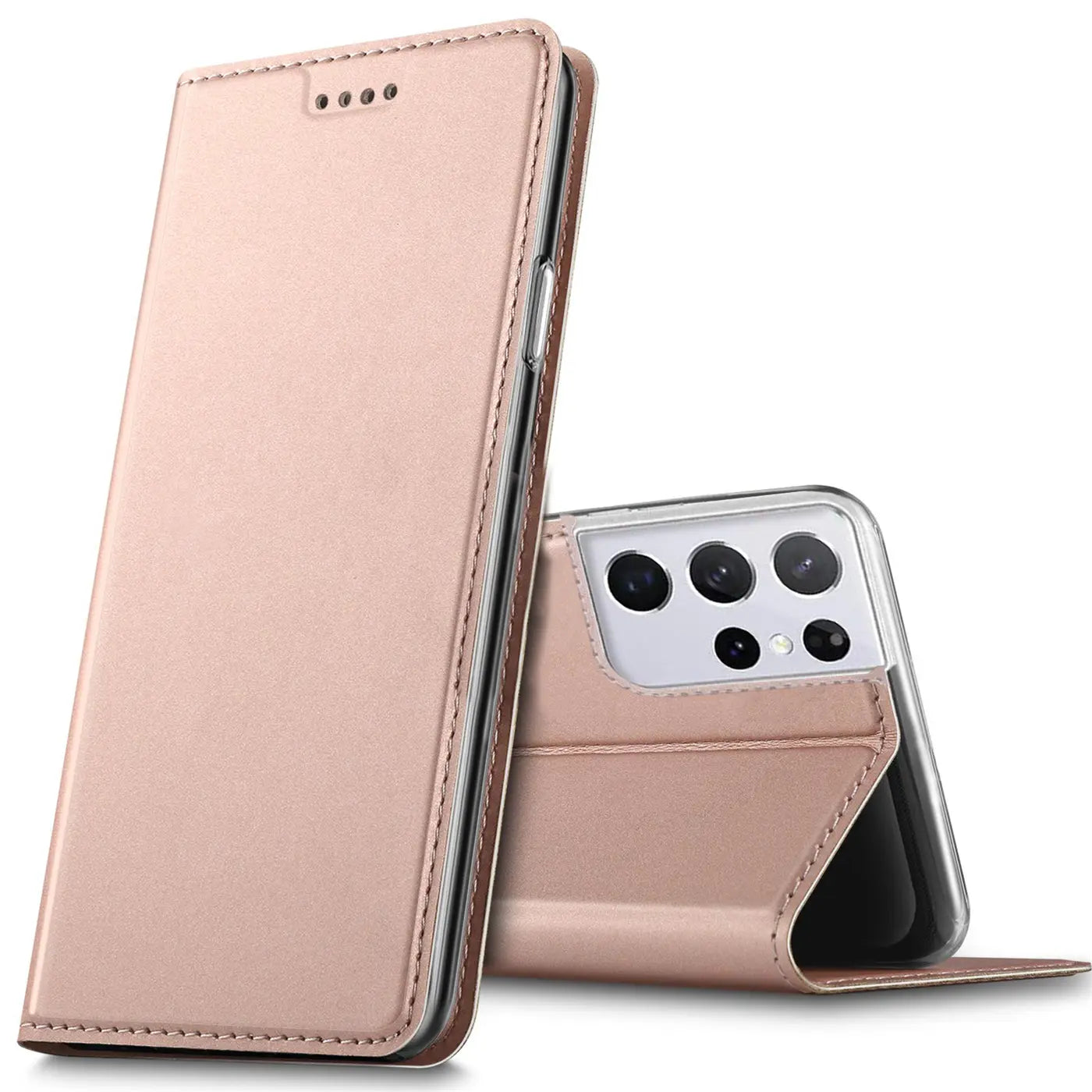 Roségoldene Metallic Flip Hülle für Samsung Galaxy S21 Ultra, stehend und geschlossen, von schräg vorne.