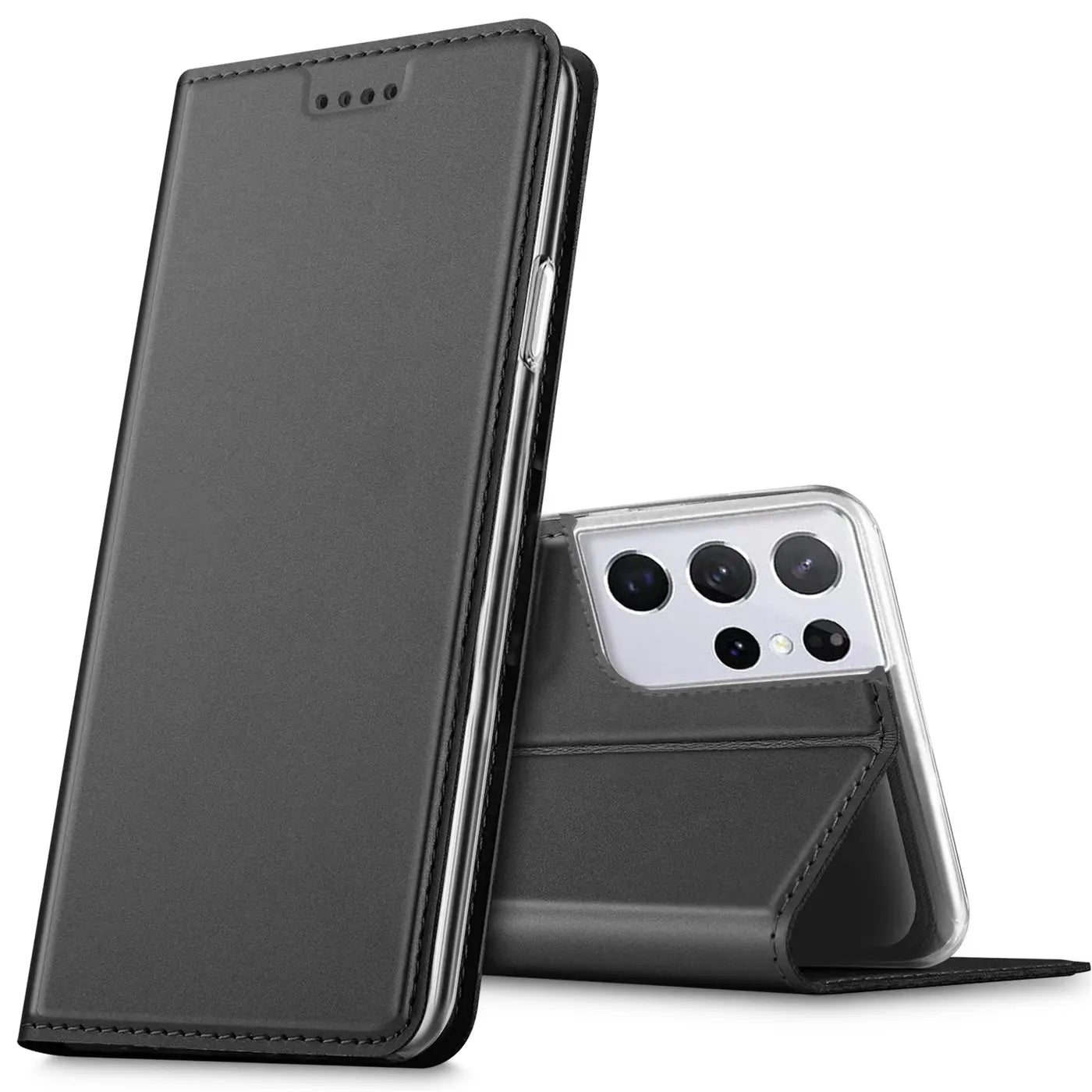 Schwarze Metallic Flip Hülle für Samsung Galaxy S21 Ultra, stehend und liegend, von vorne und hinten sichtbar.