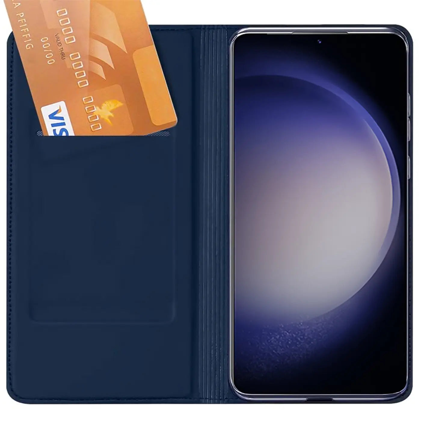 Offene, dunkelblaue Kunstleder Flip Hülle für Samsung Galaxy S23 mit einer goldfarbenen Kreditkarte im Steckfach.