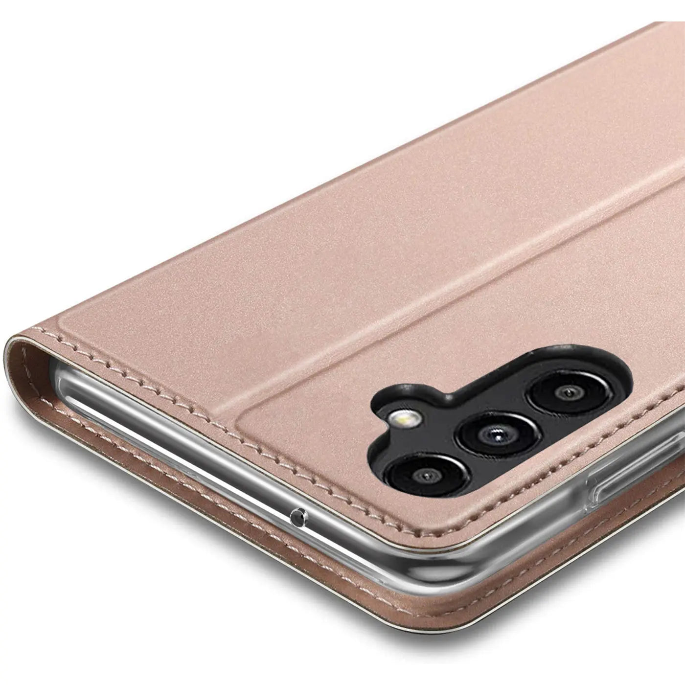 Rosé-goldene Metallic Flip Hülle aus Kunstleder für Samsung Galaxy S23 FE, schräg von hinten rechts.
