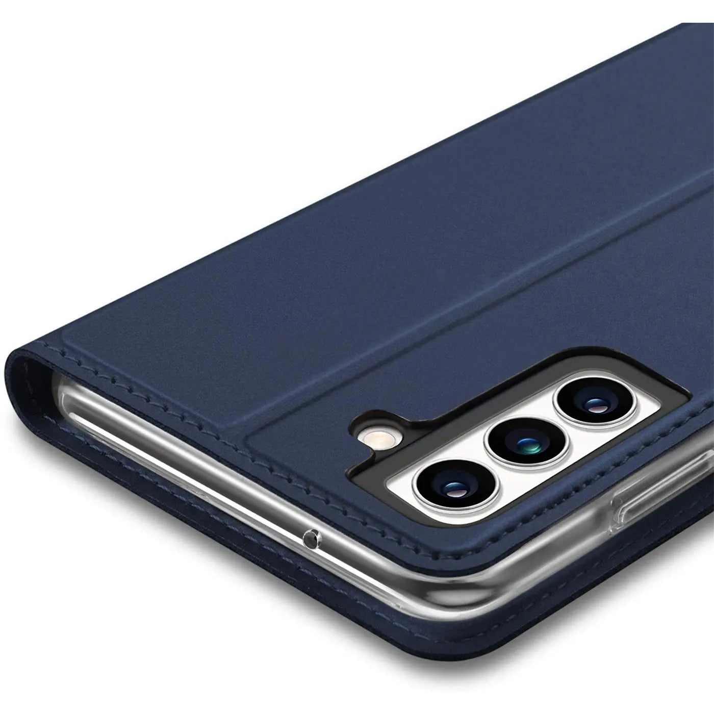 Nahaufnahme einer dunkelblauen Kunstleder Flip Hülle für das Samsung Galaxy S23 Plus, schräg von oben.