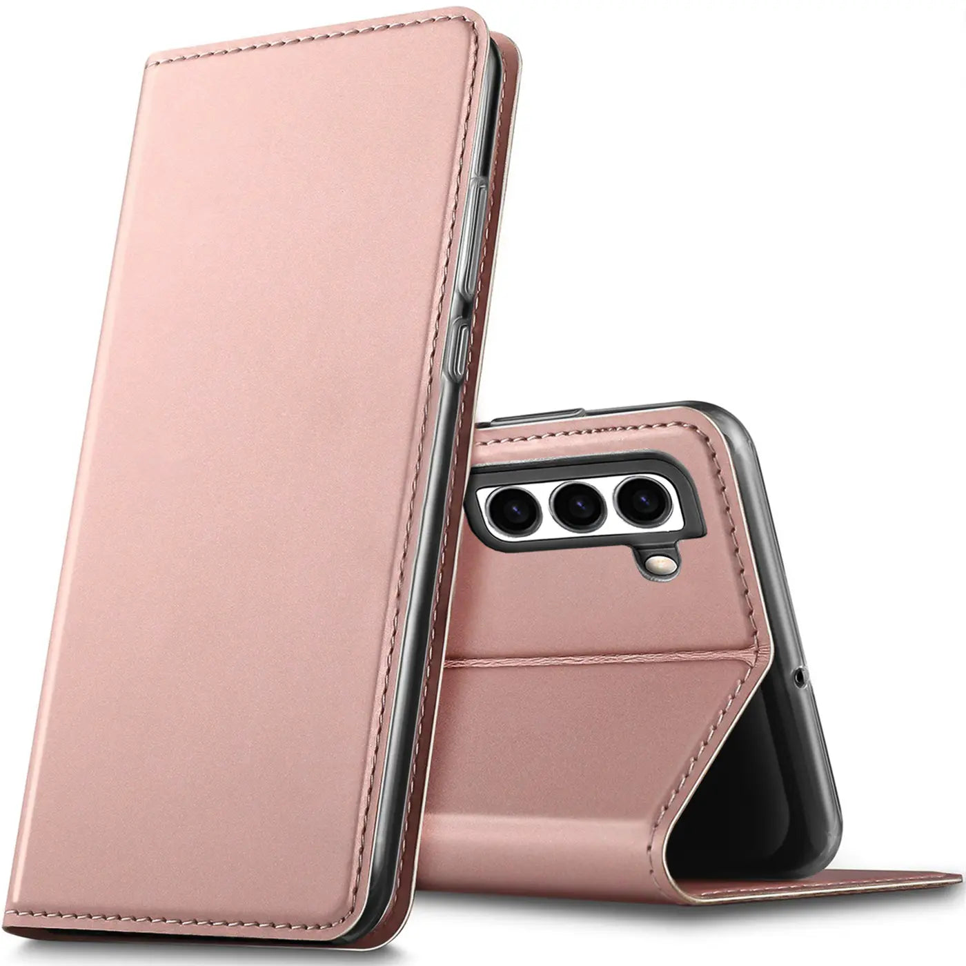 Roségoldene, metallic-glänzende Flip-Hülle aus Kunstleder für Samsung Galaxy S23 Plus, schräg von vorne gezeigt.