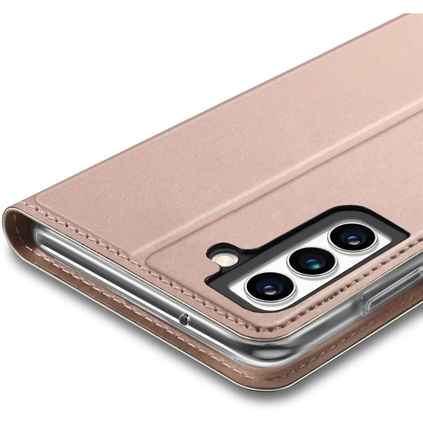 Rosé-goldene Metallic Flip Hülle aus Kunstleder für Samsung Galaxy S23 Plus, schräg von oben.