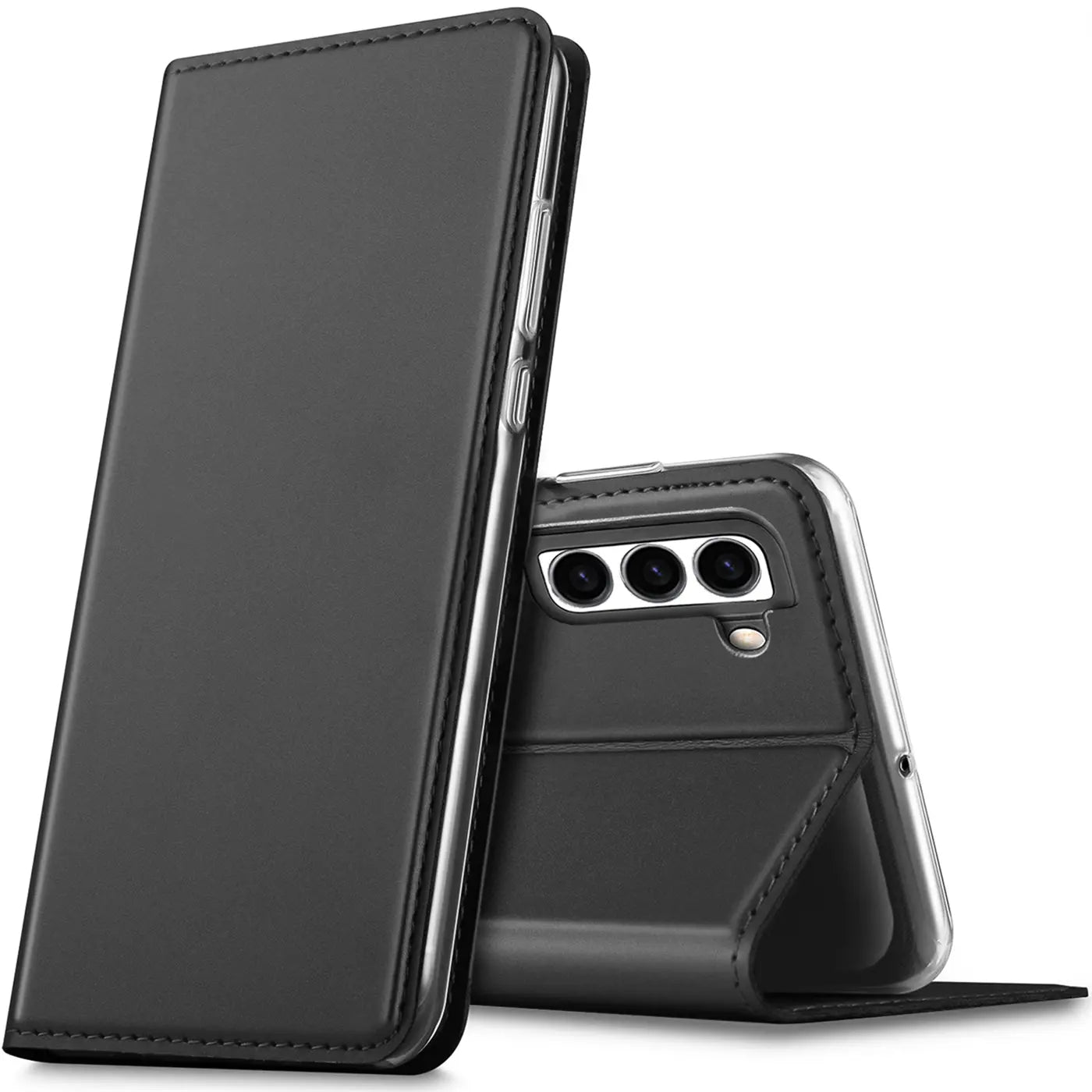 Schwarze Kunstleder Flip Hülle für Samsung Galaxy S23, stehend präsentiert, mit sichtbarer Kamera auf der Rückseite.