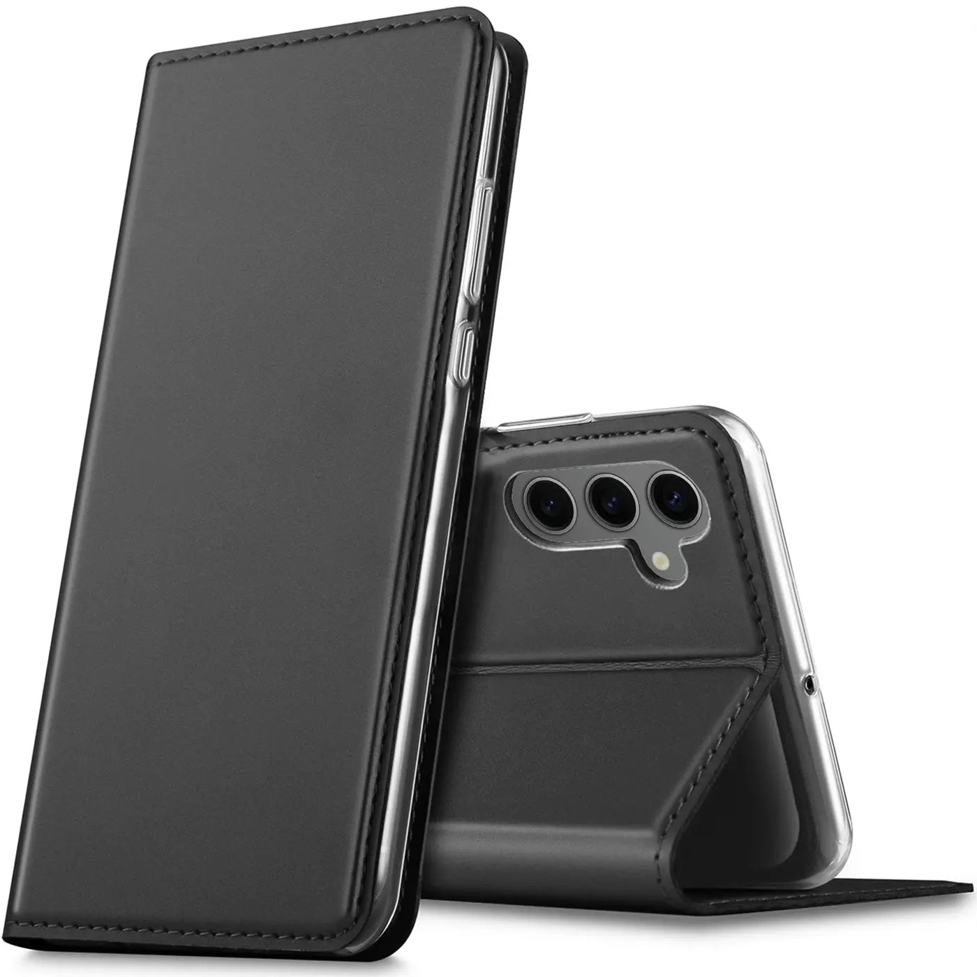 Schwarze, klappbare Kunstlederhülle für Samsung Galaxy S24, aufgestellt, von vorne und hinten sichtbar.