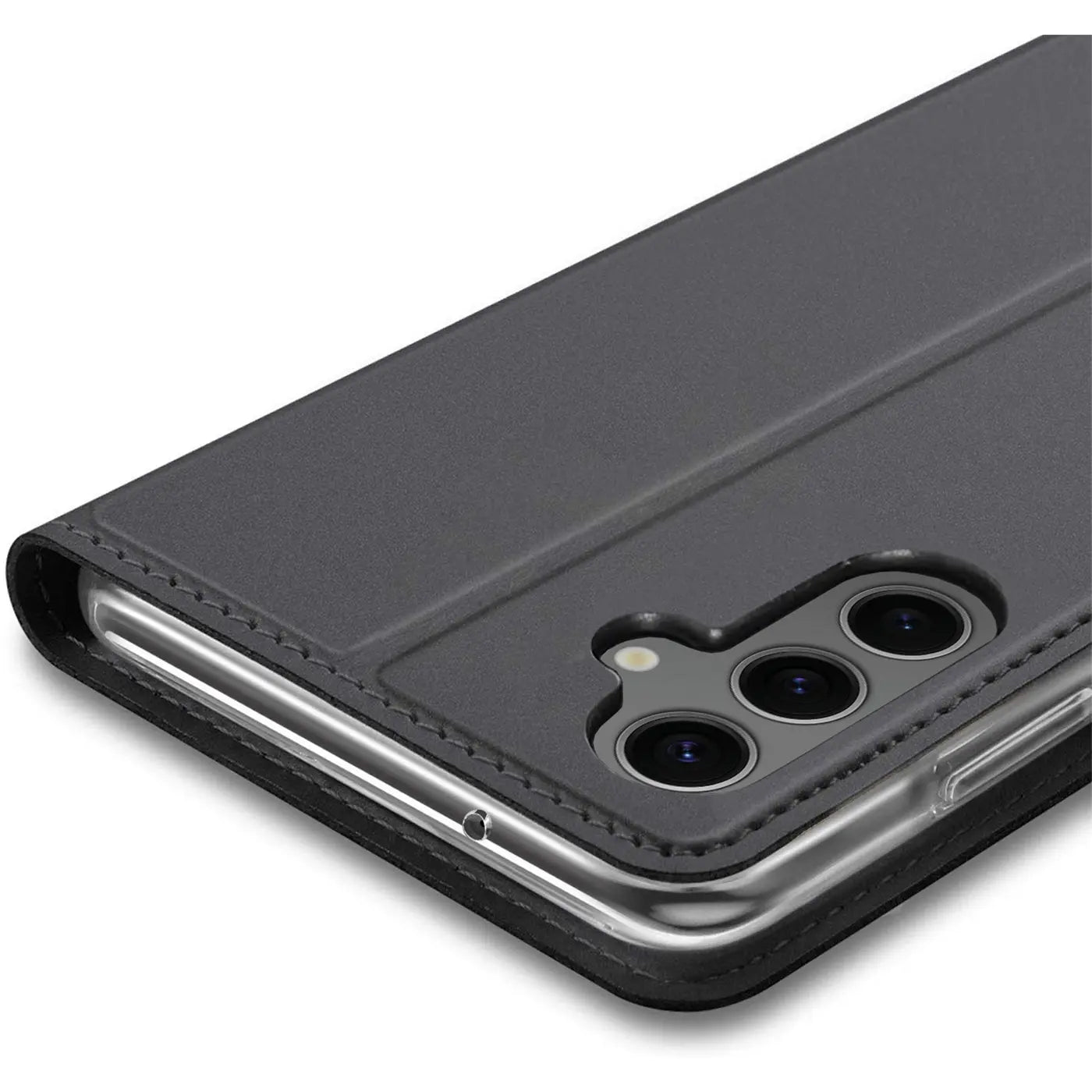 Dunkelgraue, klappbare Metallic Flip Hülle aus Kunstleder für Samsung Galaxy S24, schräg von oben.