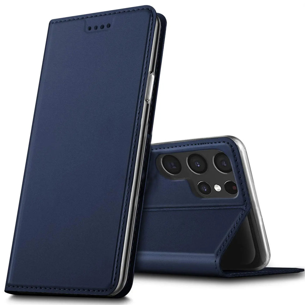 Dunkelblaue Kunstleder Flip Hülle für Samsung Galaxy S24 Ultra, stehend und geschlossen, von vorne und hinten.