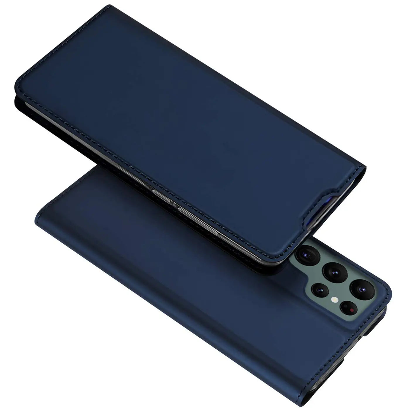 Dunkelblaue, klappbare Kunstlederhülle für Samsung Galaxy S24 Ultra, leicht geöffnet, schräg von oben.